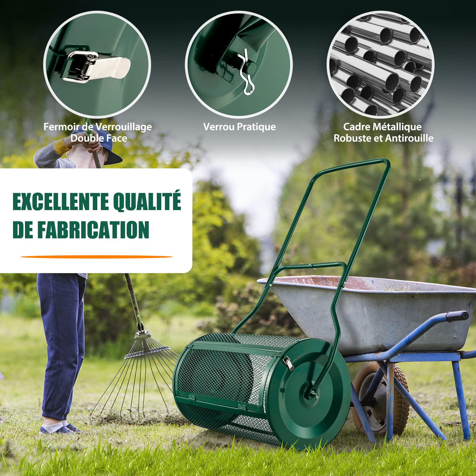 COSTWAY Épandeur à Compost de 60,5 cm Rouleau en Treillis Métallique, Épandeur de Gazon 75 L avec Poignée en Forme de ‘U’ Loquets Latéraux, pour Entretien du Jardin et Pelouse, Vert
