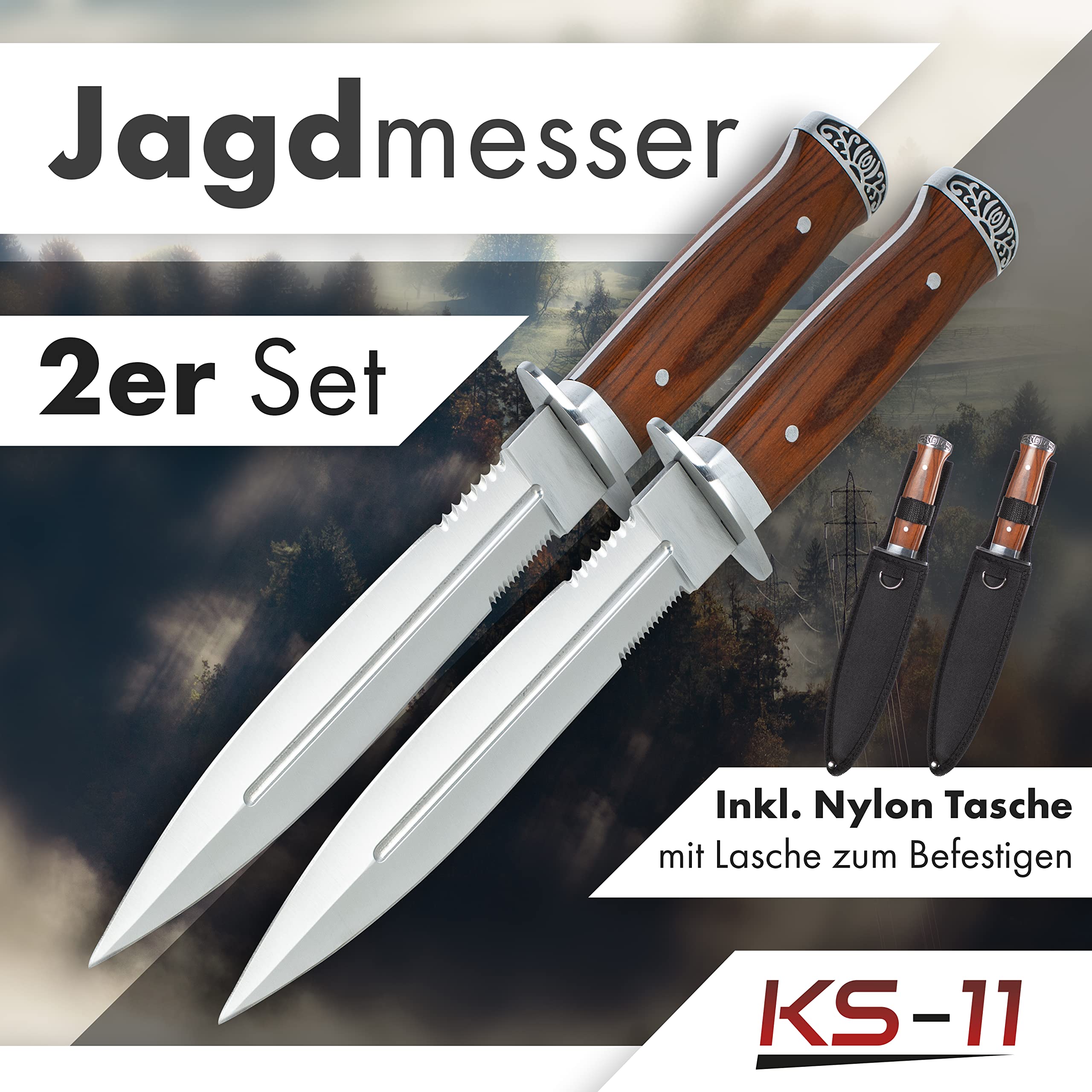 2er Set Outdoor Messer feststehend 33cm großes Jagdmesser mit Holzgriff und Nylonholster - Survival Messer Outdoor Dolch – bushcraft Knife - Bowiemesser - USA Sabber