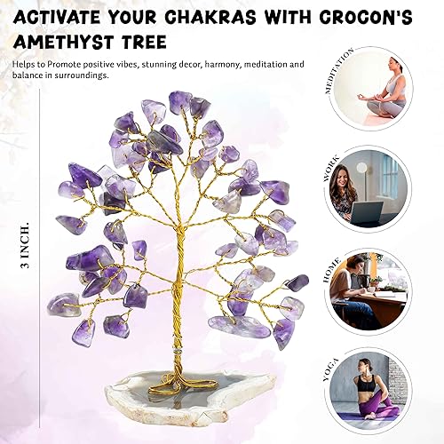 Miniatura 6 de Árbol de la vida con piedras preciosas de amatista y cuarzo rosa, base de rodajas de ágata geoda, árbol de chakras de cristal para energía positiva,