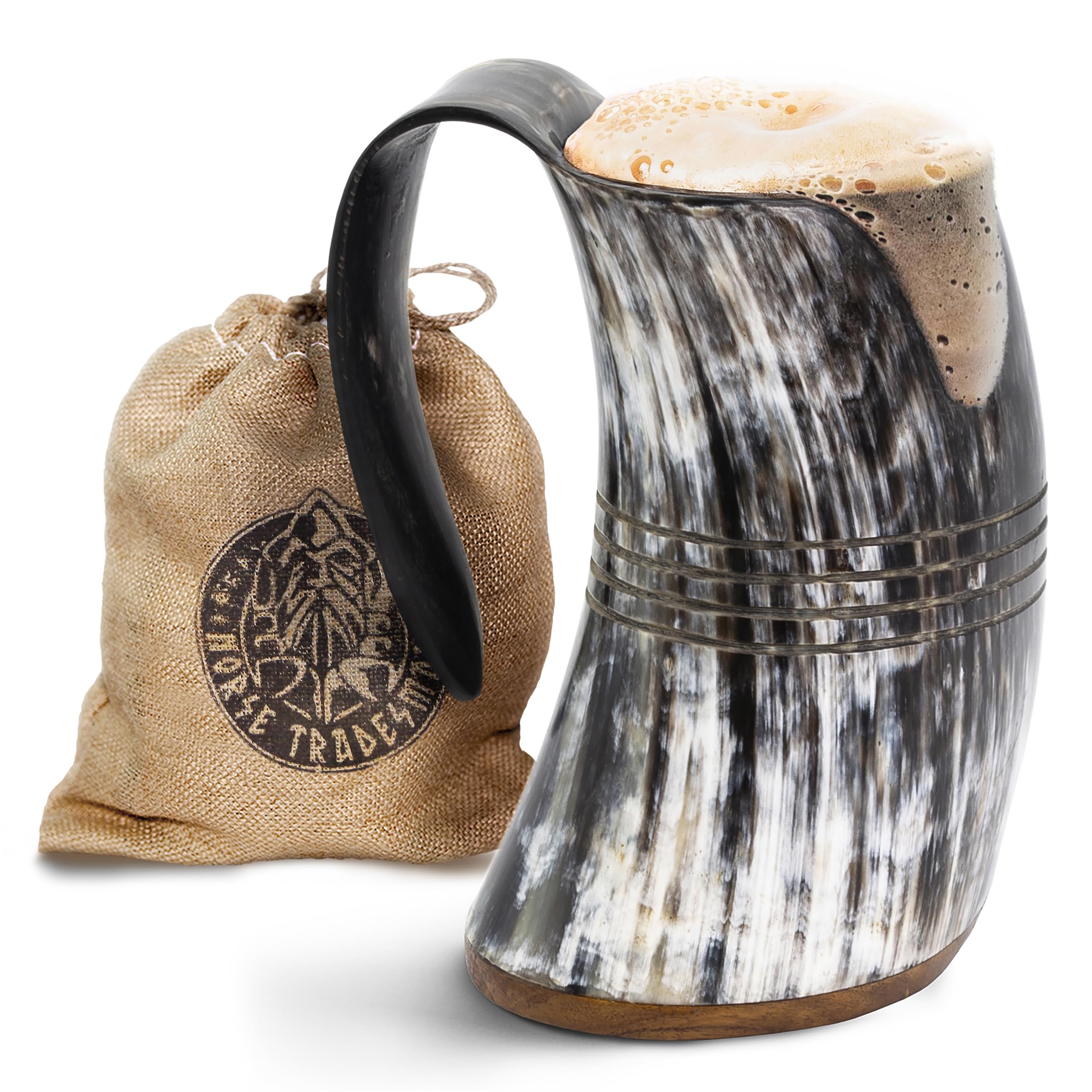 Norse Tradesman LG Viking Drinking Horn Mug - 100% Authentic Beer Horn Tankard With Hardwood Bottom and Ring Engravings | The Eternal, High Polish, approx. 16 oz
