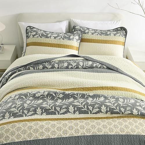 Miniatura 5 de Finlonte Juego de edredón tamaño King, 100% algodón, ligero, suave, gris, beige, vintage, acolchado, a rayas, floral, reversible, juego de ropa de