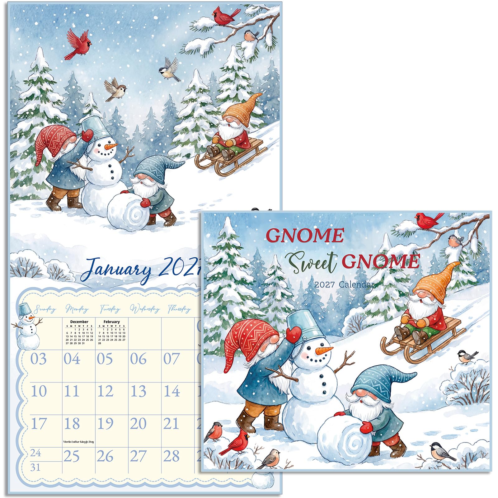 Watersay Gnome Calendars Wall 2027 13.4'' x 12'', 12 Month Calendar with Stapled Binding Gnome 2027 Wall Calendar for Family, School, Office