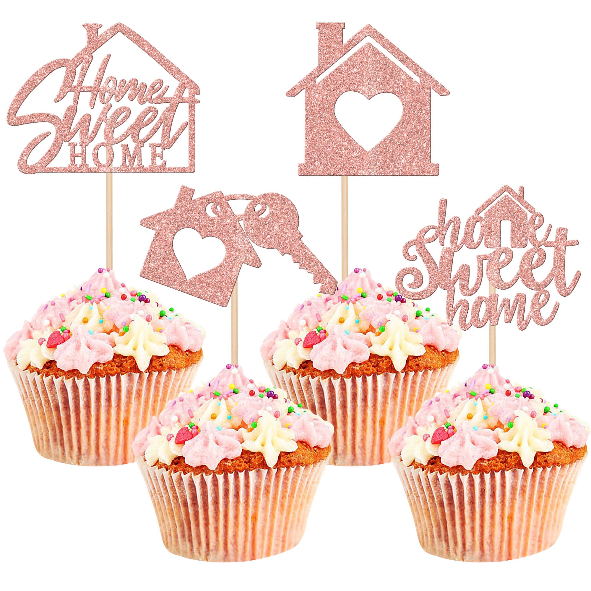 Xsstarmi 24 Pack Sweet Home Cupcake Toppers Glitter Key Warm Home Cupcake Picks Housewarming Cake Decorations for New Home Theme Party Supplies Rose Gold