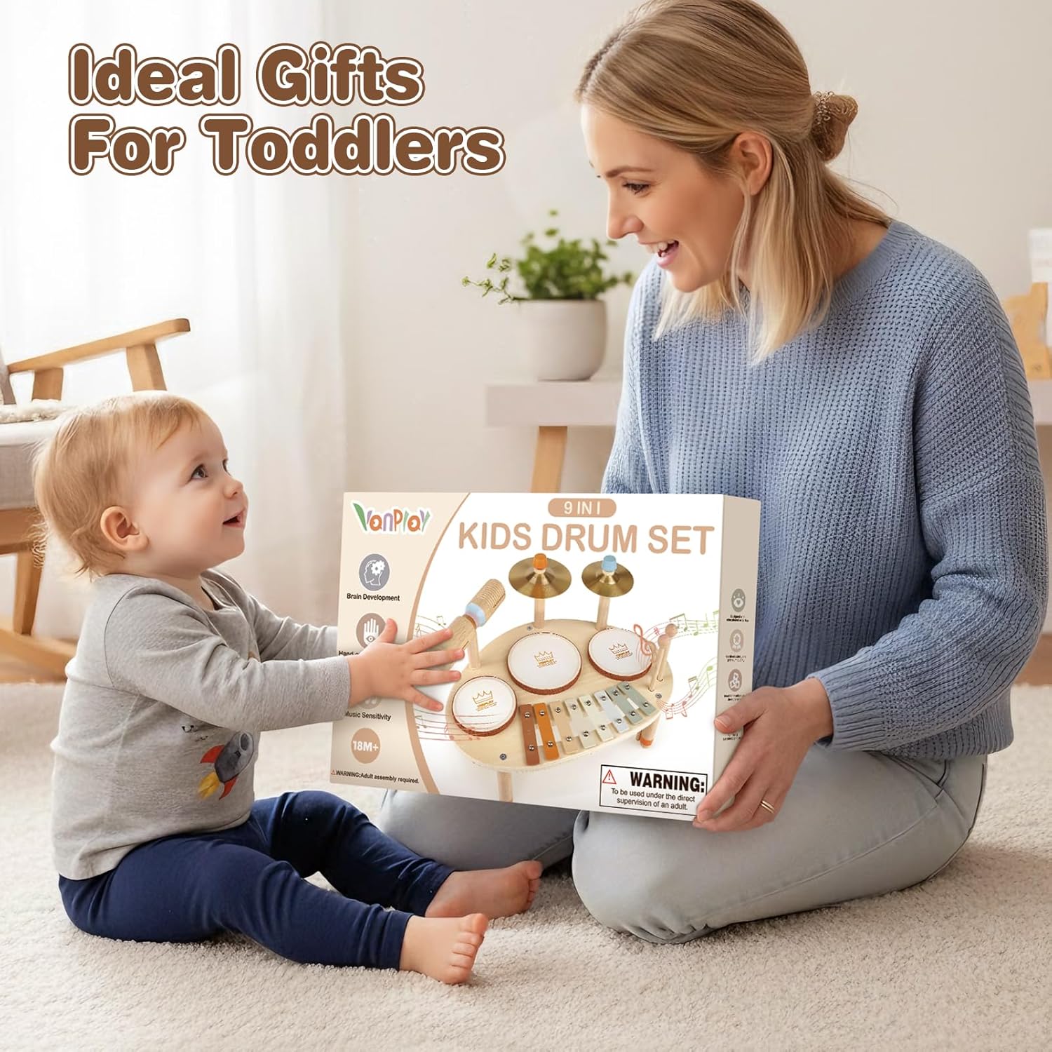 Vanplay Drum Set for Toddler - Toys for 2 3 4 Year Old Girls Boy Gifts - 9 in 1 Wooden Montessori Musical Instruments with Xylophone for Kids 3-5, Christmas Birthday Gifts for Toddlers 2-4