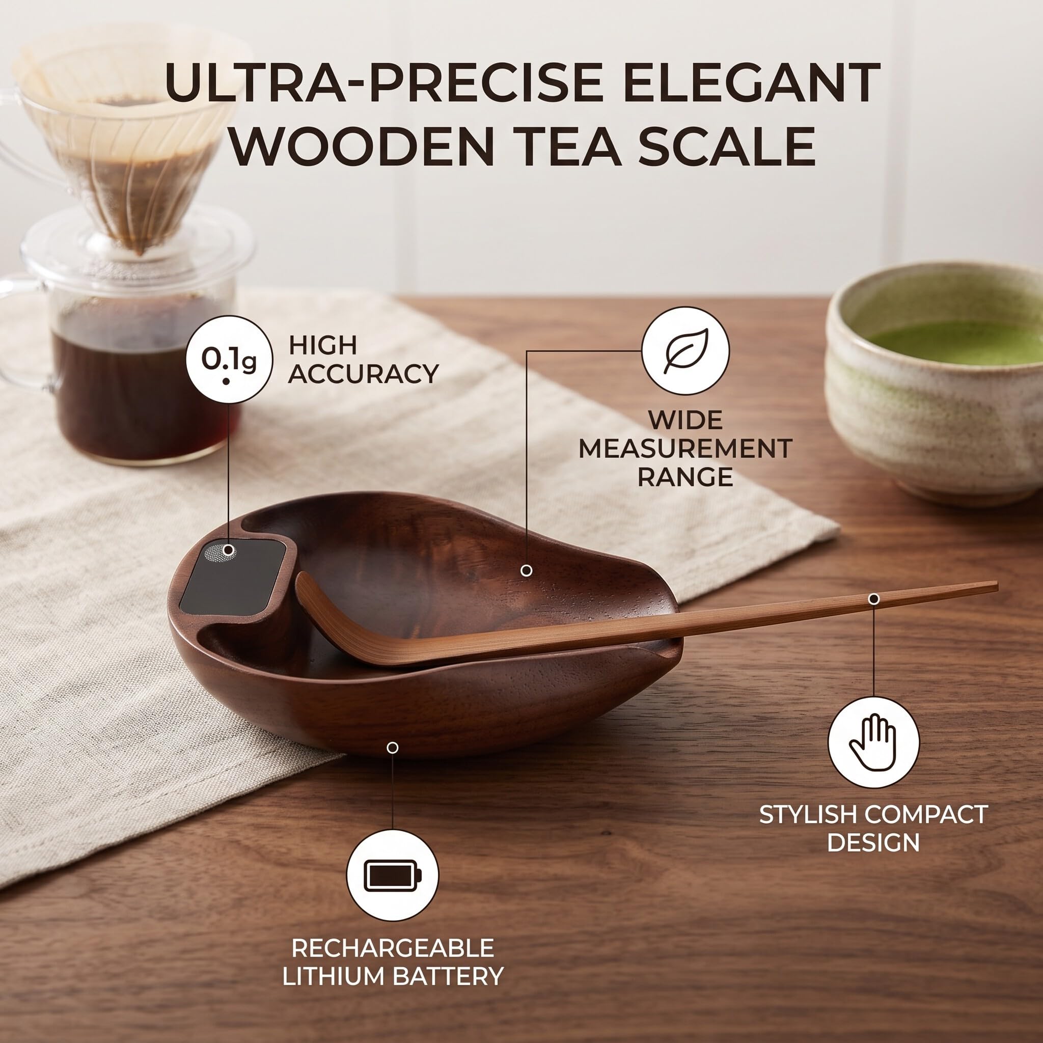 Báscula de té de Madera, Báscula de Cocina Digital de Alta Precisión de 0,1 G y 0,01 Oz, con Batería Recargable, para Hornear café y té