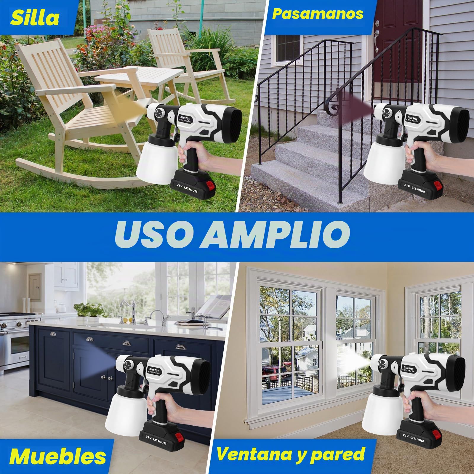 BlumWay - Pulverizador de pintura inalámbrico, pulverizador de pintura HVLP mejorado con contenedor de 1L, pistola de pintura eléctrica de 400W con 4 boquillas de cobre, amplitud de pulverización de