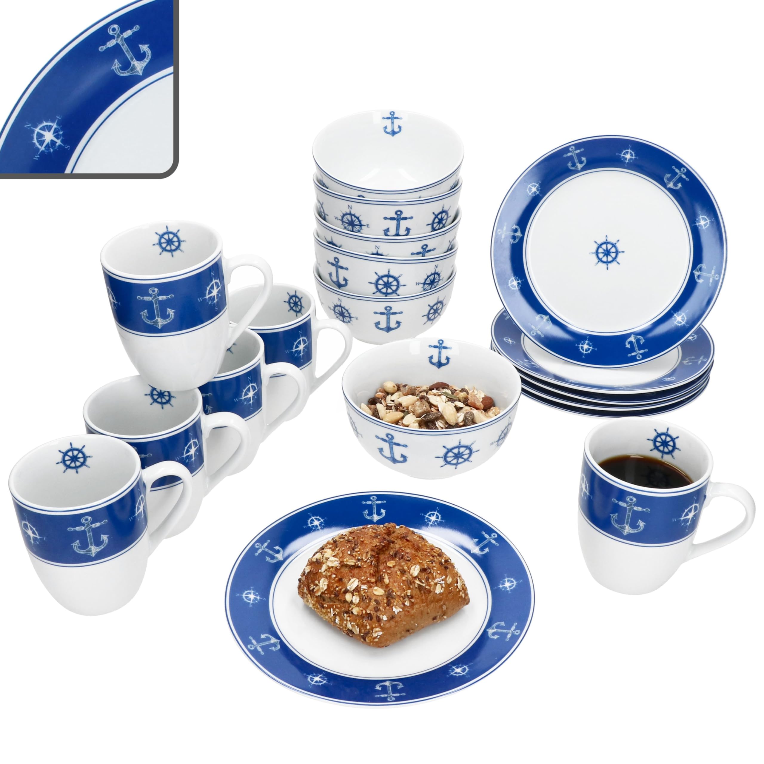 MamboCat AHOI 18tlg Frühstücksset aus Porzellan I blau-weißes maritimes Design mit Anker & Steuerrad I je 6X Kuchenteller, Müslischale & Kaffeebecher für 6 Personen