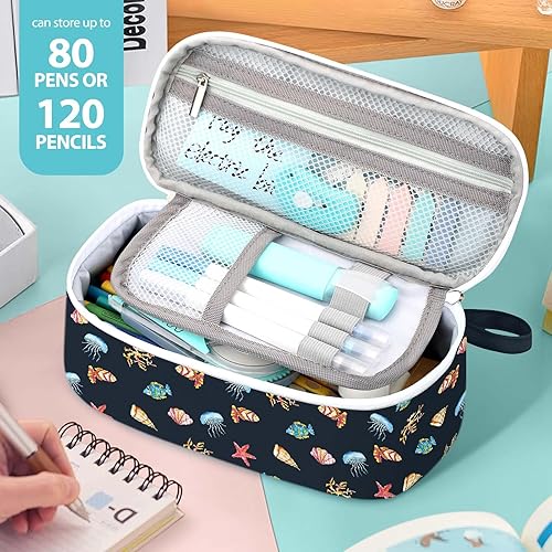 Miniatura 4 de Jcocylse Estuche portátil de gran capacidad para lápices, suministros escolares para estudiantes universitarios, niñas, niños y adultos (vida marina)