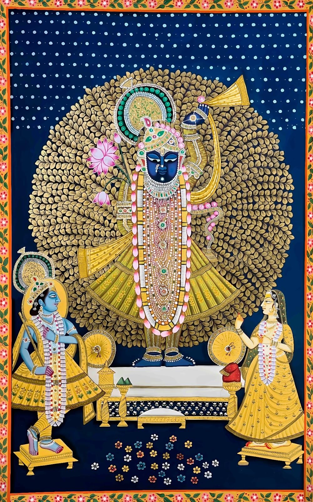 NK Textiles Shreenathji Pichwai Cow Backdrop Cloth for Pooja Decoration Traditional, Background Decoration Cloth for Pooja Background, Curtain Festival Fabric (5x8 Feet) (Printed) (Krishna 2)-picture-22