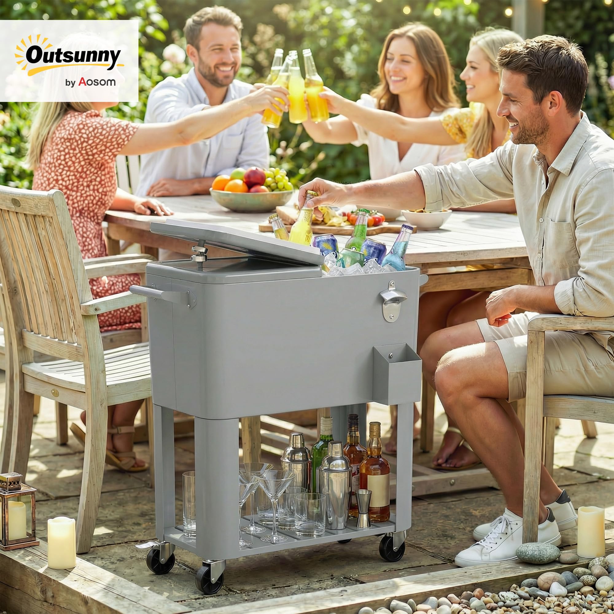 Outsunny Carrito Nevera de 76L con Ruedas, Carro de Bebidas con Estante, Abrebotellas, Recogetapas, Drenaje y 2 Asas, Mesa Nevera Jardín Exterior para Patio, Fiesta, BBQ, 92x39x81 cm, Plateado
