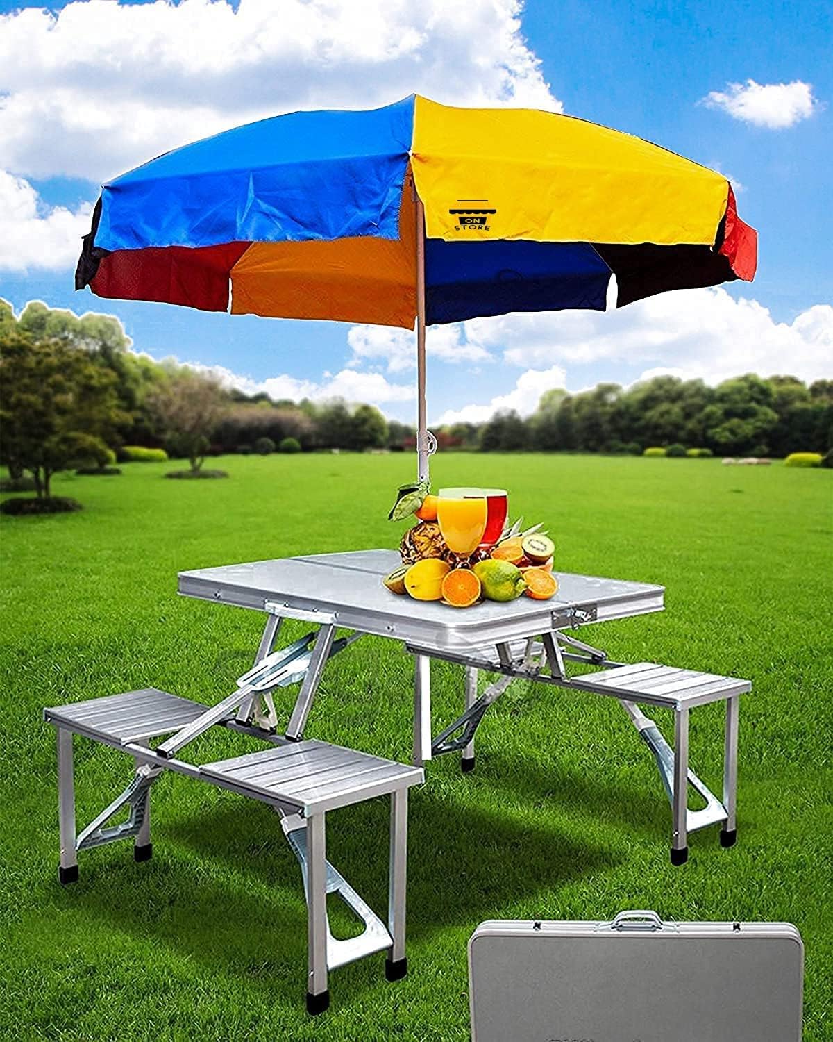 Picnic-Table-Heavy-Duty-Aluminium-Portable-Folding-Cαmp-SCamp-Suitcase-Table-αภd-4-Table-and-4-Chairs-Set-with-Umbrella