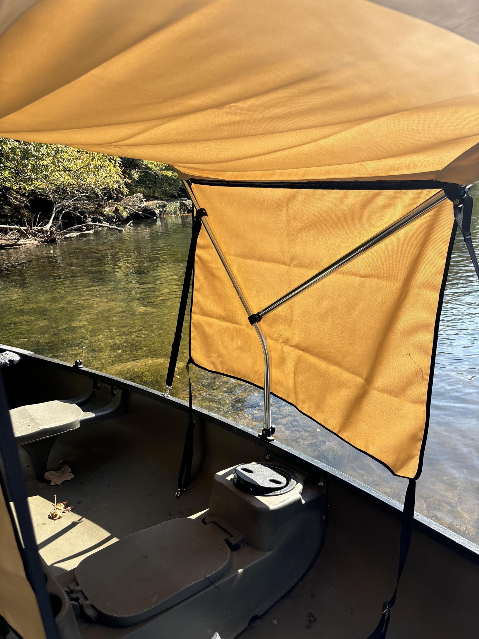 Beige Canoe/Kayak Sun Shade/Canopy Bimini Top Conestoga Wagon Style with 2 Differently Sized Sets of Removable Zippered Side Curtains for Maximum Sun Protection and Complete Customization