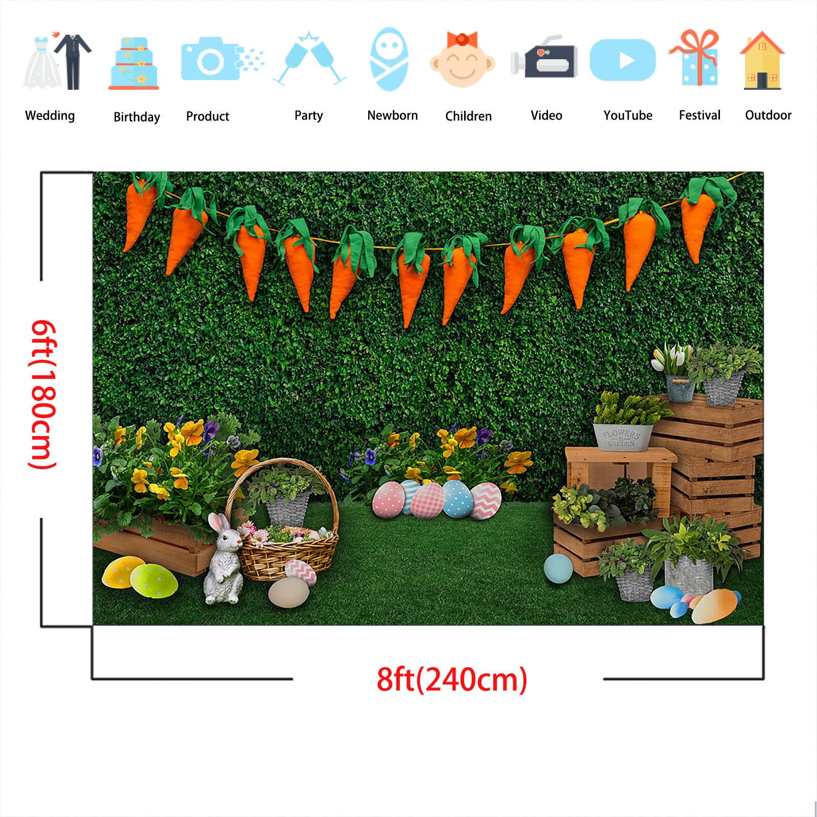 Sfondo Per Foto Pasqua Con Conigli E Uova | 2.4x1.8m, Tessuto Poliestere, Per Feste E Baby Shower - Foto 2