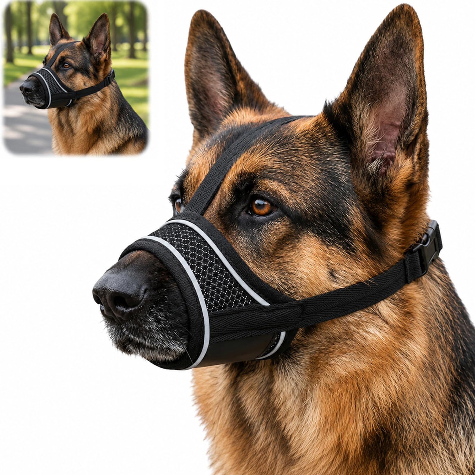 Breathable Mesh Dog Muzzle for Medium Dogs - Adjustable Headband, Reflective Strips, Secure Fit, Prevents Biting, Licking & Chewing, for Training Walks & Safety, Size L