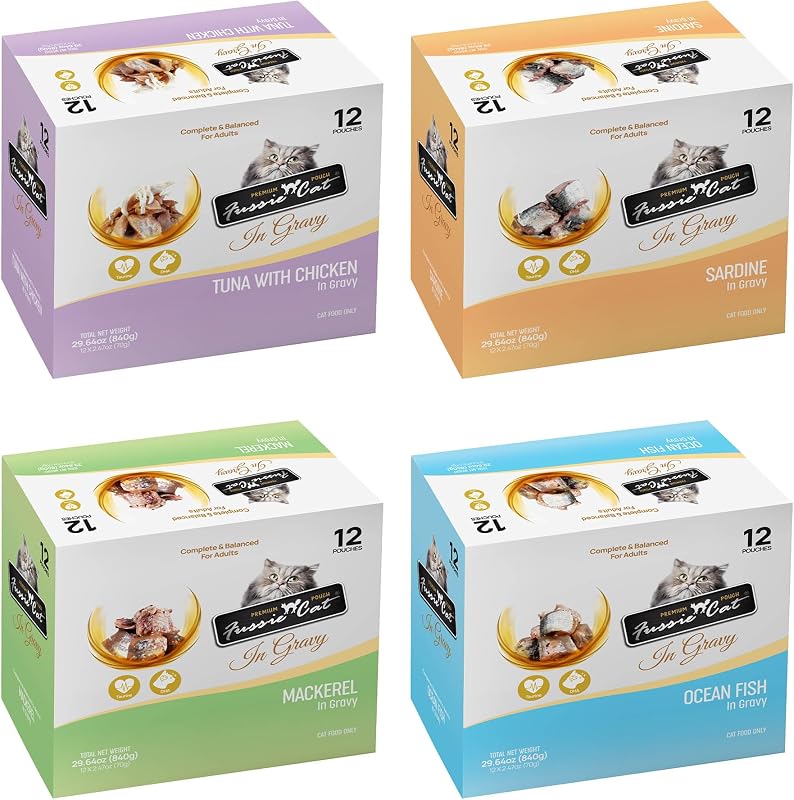 Ração úmida para gatos adultos Fussie Cat Premium em molho com atum, frango, sardinha, cavala e peixe oceânico – Pacote com 48 sachês