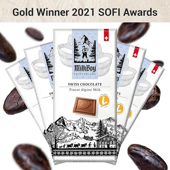 MilkBoy Swiss Alpine Milk Chocolate Bars, Gourmet Treat - 3 oz, 10 Pack | Premium chocolate with creamy alpine milk. Rainforest Alliance certified cocoa. Gluten free. Kosher. Crafted in Switzerland.