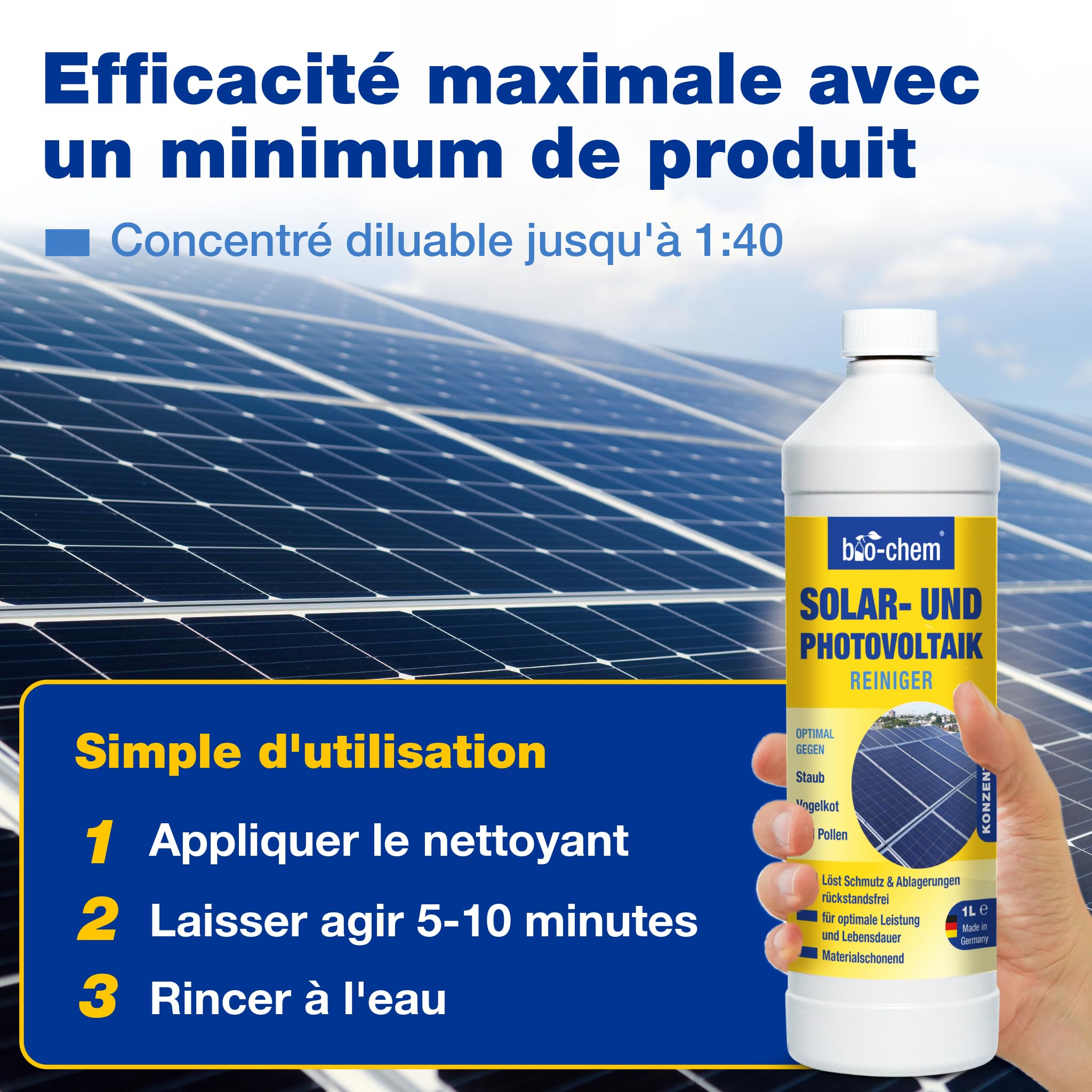 bio-chem Nettoyant solaire et photovoltaïque 3L | Diluable jusqu'à 1:20 - efficace en profondeur et ménageant les matériaux - Made in Germany