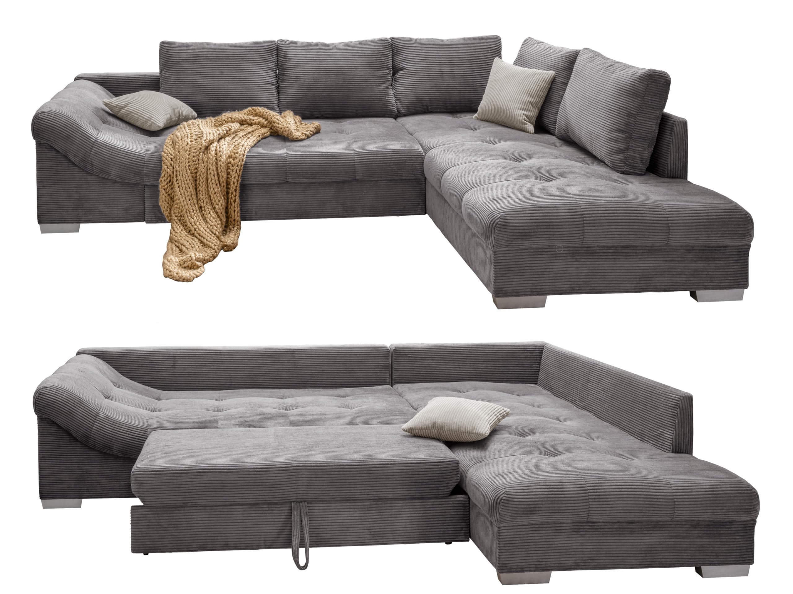 luma-Home 17201/ Ecksofa mit Schlaffunktion, Ottomane rechts, Grau