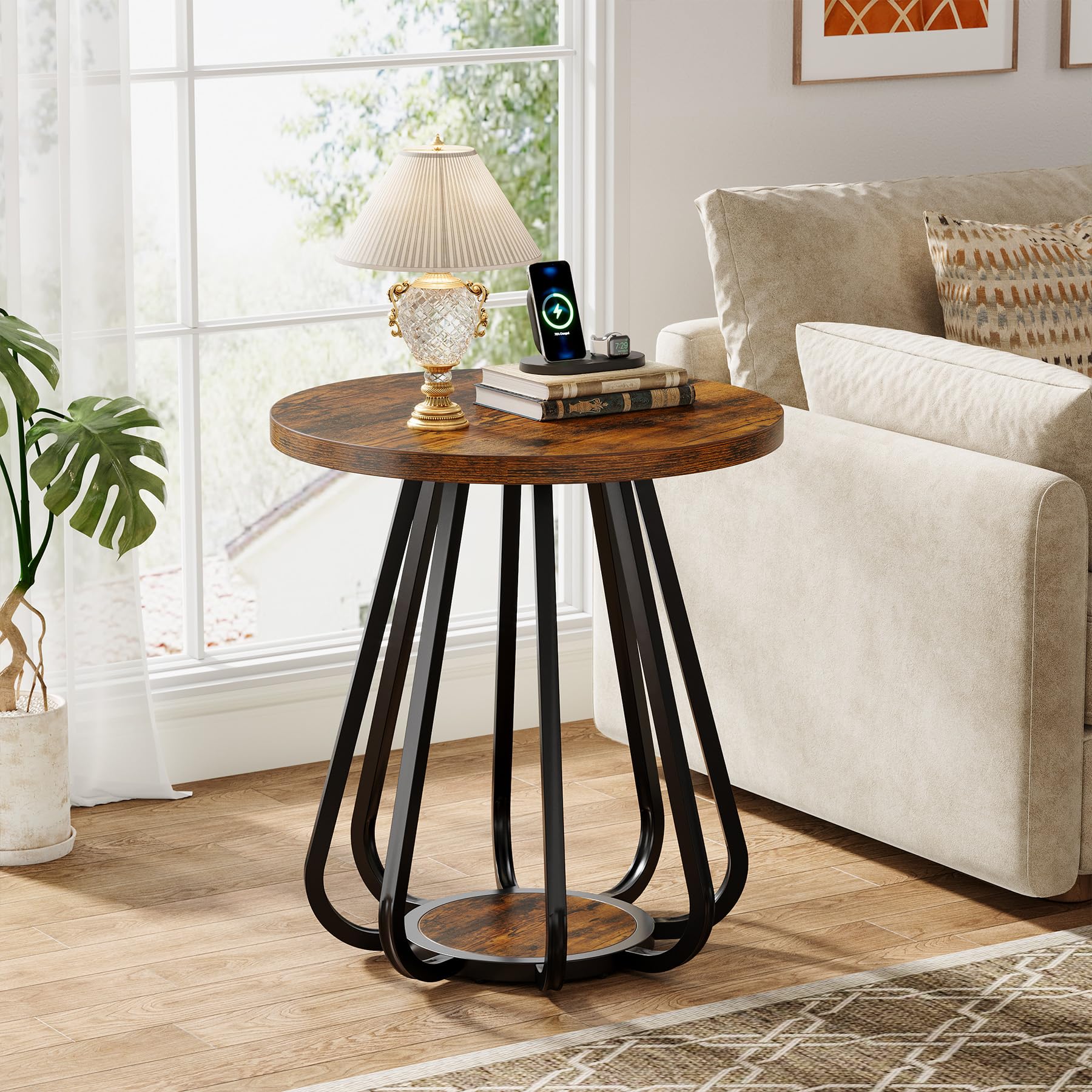 Tribesigns Round End Table with Storage, 2-Tier Side Table with Metal Frame and Lower Shelf, Small Accent Table Nightstand for Living Room, Bedroom, Small Spaces, Vintage Brown & Black