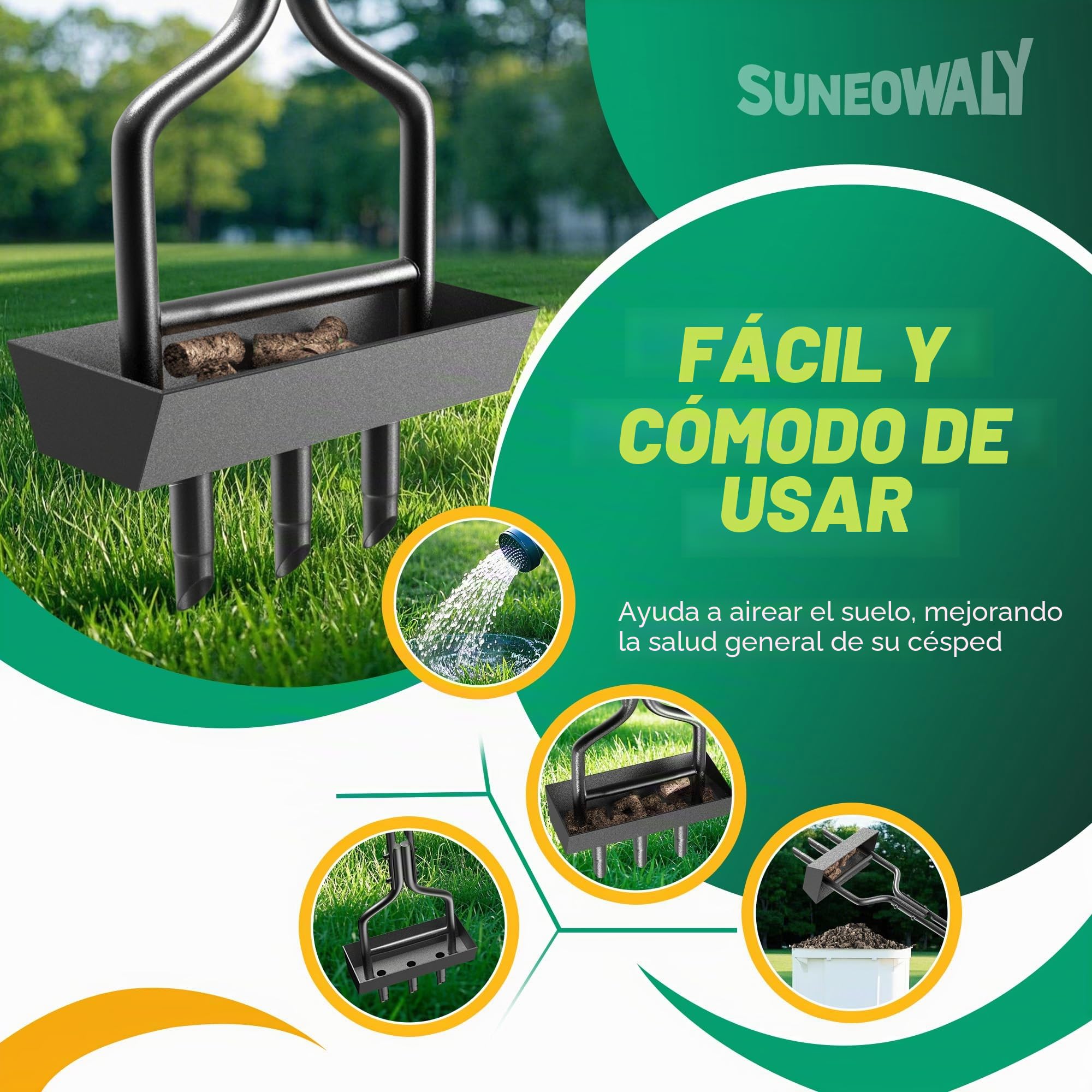 Aireador Césped, Escarificador Cesped Manual Aireador de Césped Jardinería Compactados 3 Dientes Herramienta Aireador de Núcleo Céspe con Caja de Almacenamiento para Columna de Suelo