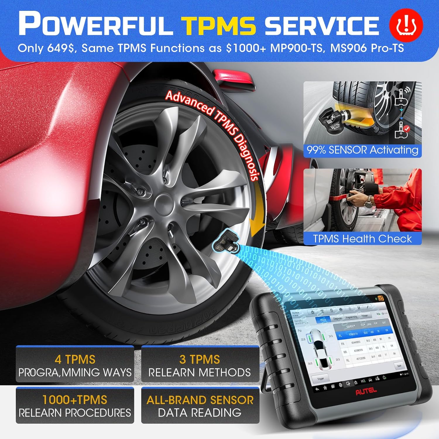 Autel MaxiCOM MK808S-TS OBD2 Scanner: 2026 Same TPMS Tool as MX808S-TS MP900-TS MS906 Pro w/ 3000+ Active Tests, 32 Service, TPMS Pr0gramming Relearn Retrofit, Full System, Up of MK900BT MK808BT Pro