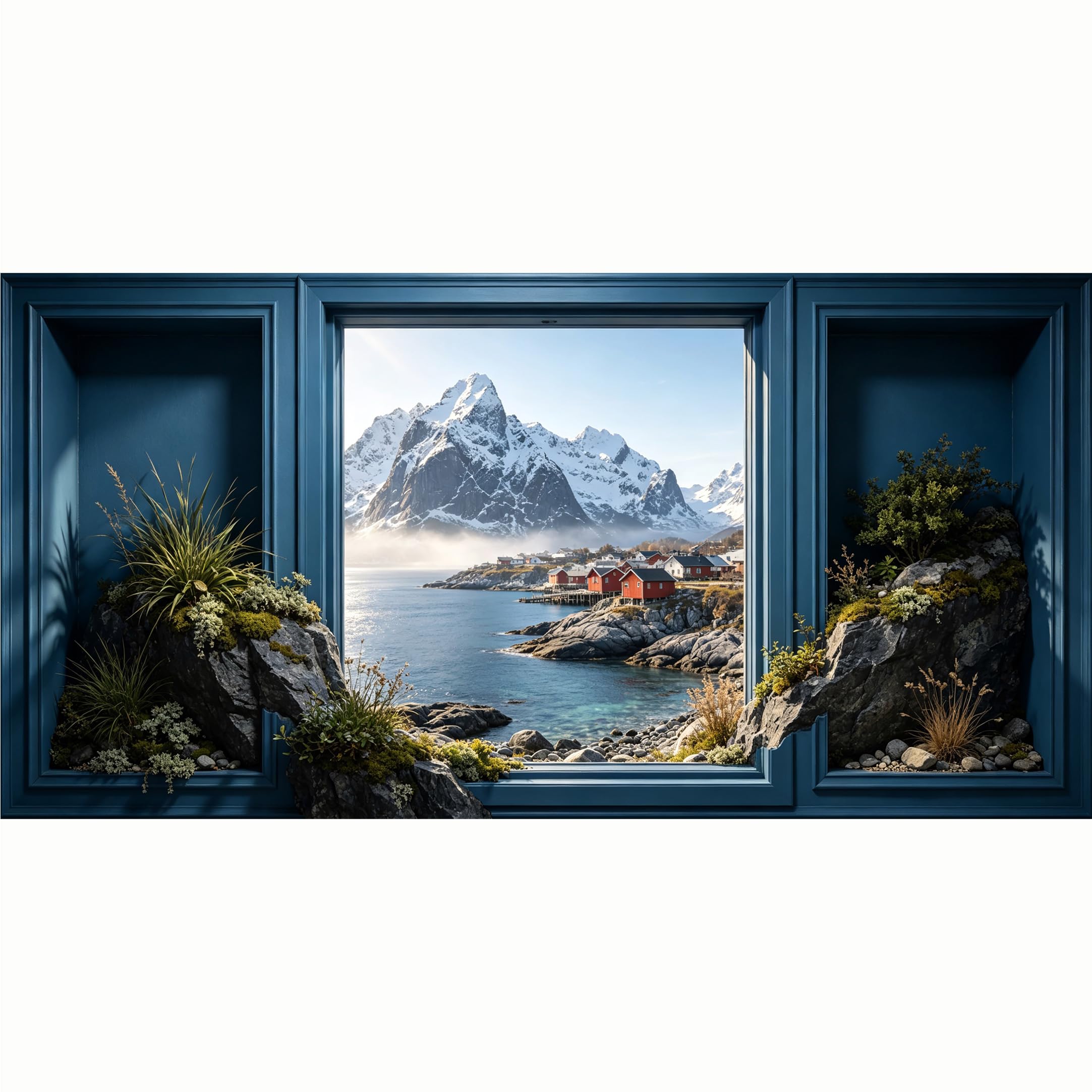 QZLITHOTIC 50x100cm 3D Framed Wall Art， Nordic Mountain Lake Coastal Village Self‑Adhesive Mural， Water‑Activated Peel & Stick Fabric Decor Wall Decal for Bedroom Living Room