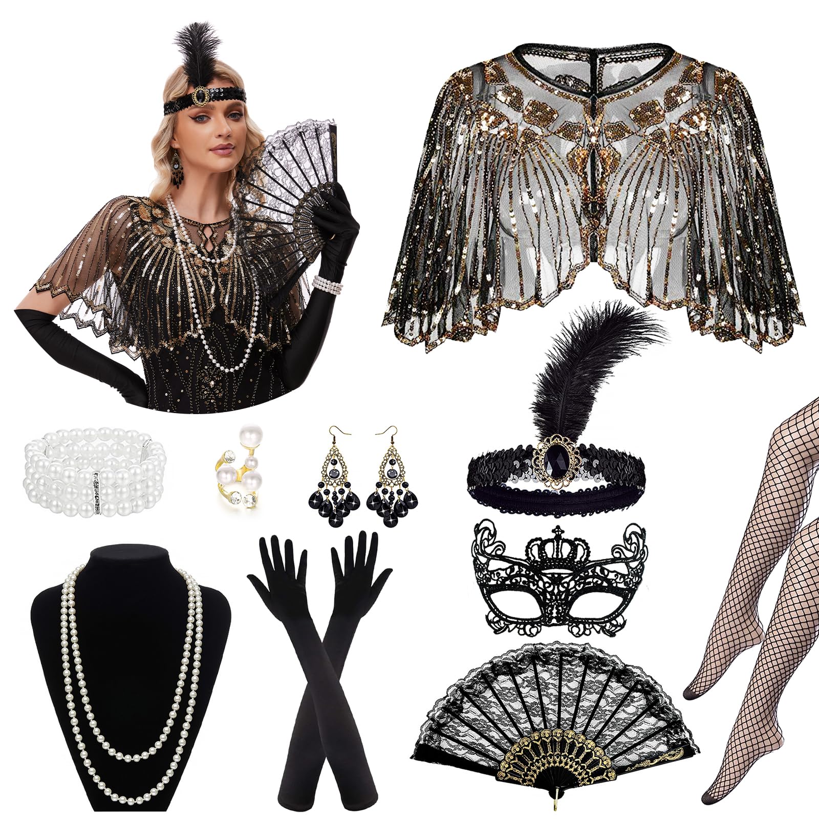 Sekepingo 1920s Accessories for Women Great Gatsby Flapper Shawl with Sequins 8 Pieces Accessories Set Peaky Blinders Costume with Headband Gloves Necklace Earrings Lace Fan for Party Black+Gold