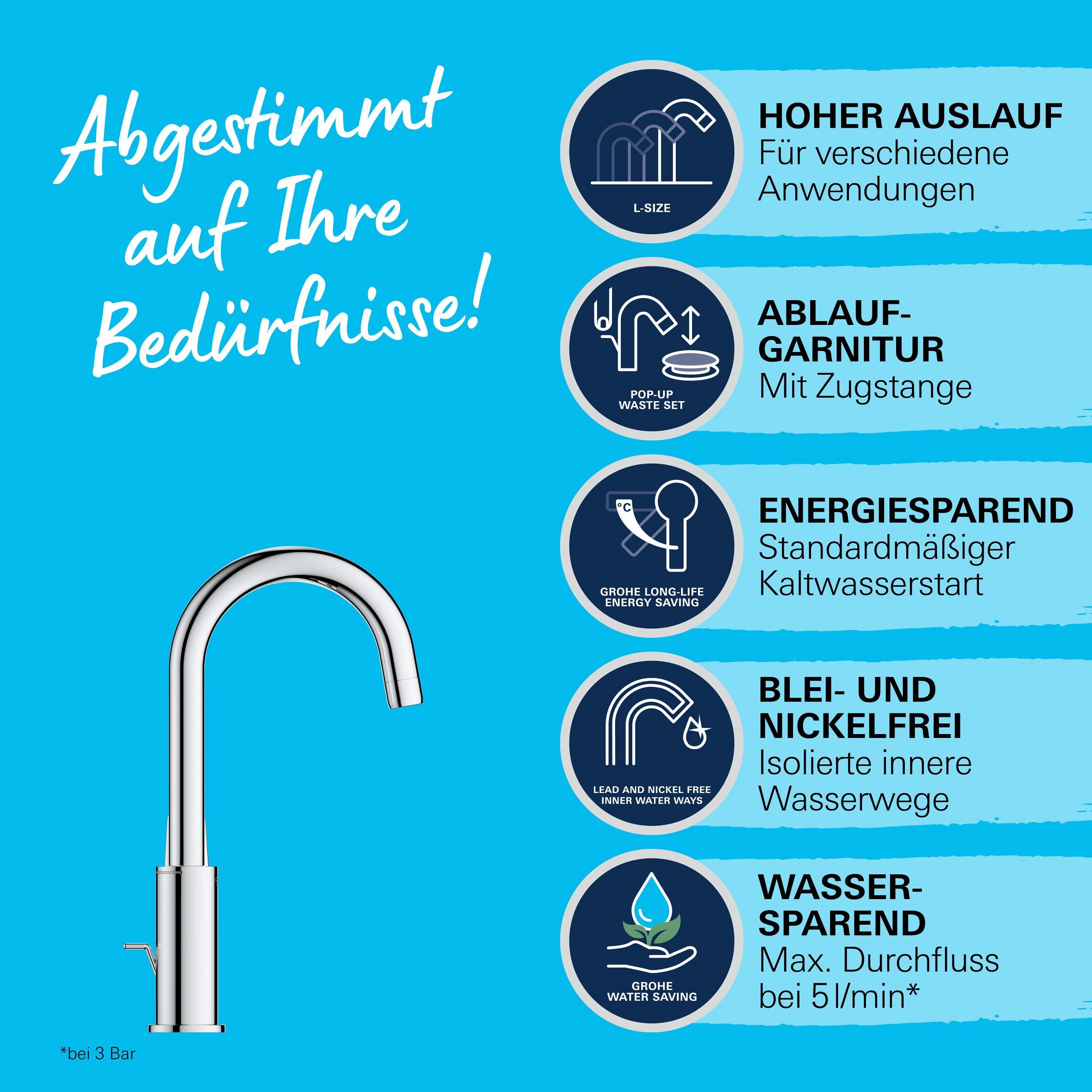 GROHE Swift, Waschtischarmatur hoch, wassersparend (Wasserhahn für das Bad, Badarmatur mit Zugstangen-Ablauf, 31cm hoch, mit 3in1 Werkzeug, einfache Installation am Waschbecken), chrom, 24330001