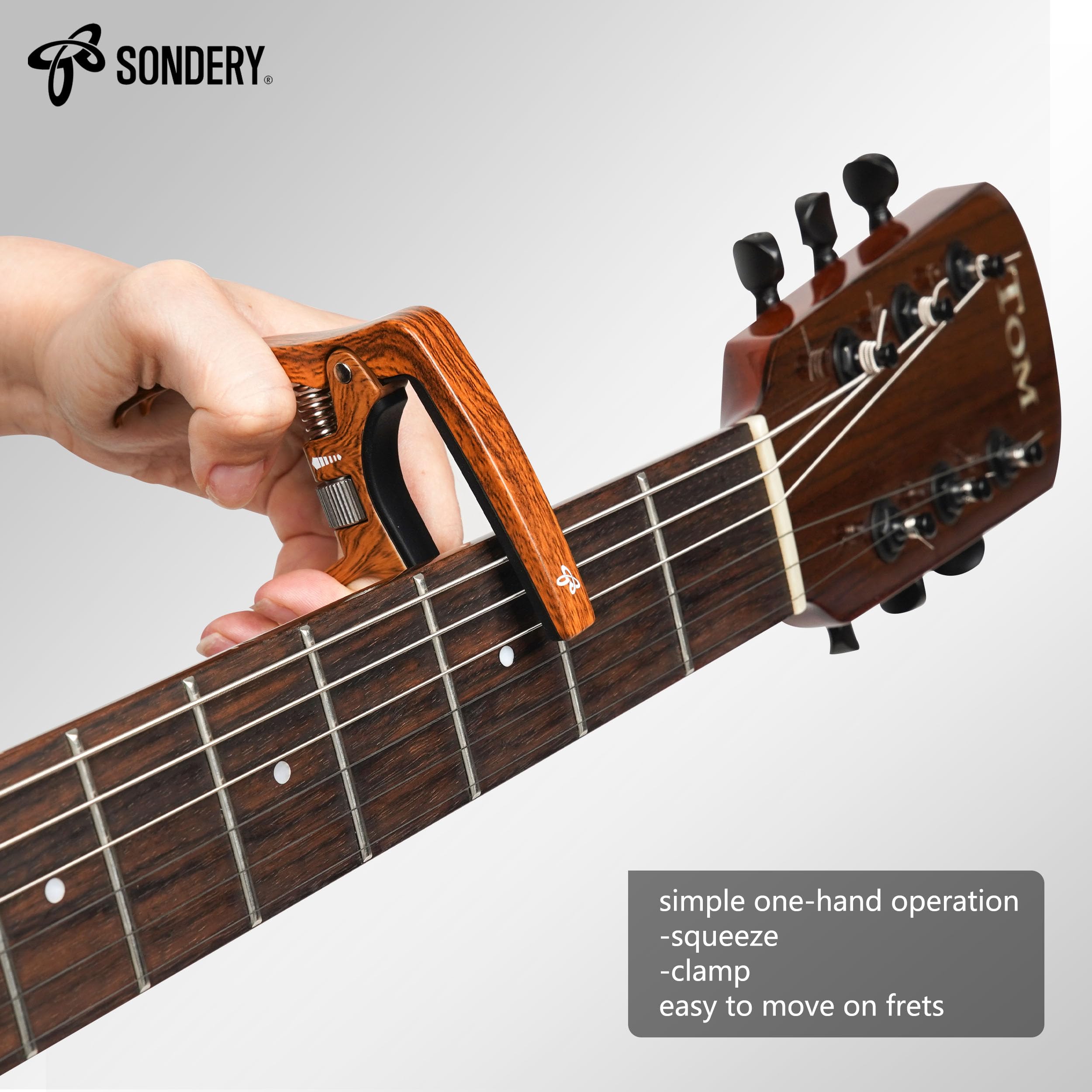 Sondery Capo Professional do gitar akustycznych i elektrycznych, regulowane napięcie spustu dla idealnego brzmienia, ze sznurkiem ściągającym, twardy materiał cynkowy