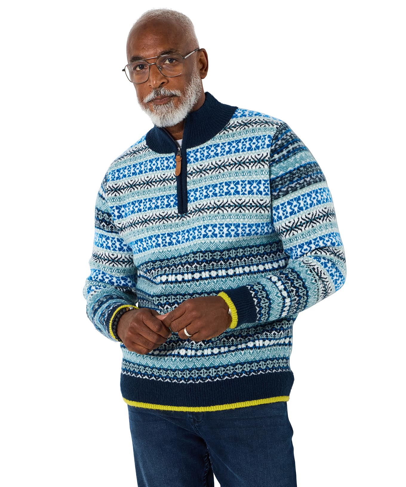 Joe Browns Men's Bold Fairisle Funnel Knit Jumper Sweater, Blue, L
