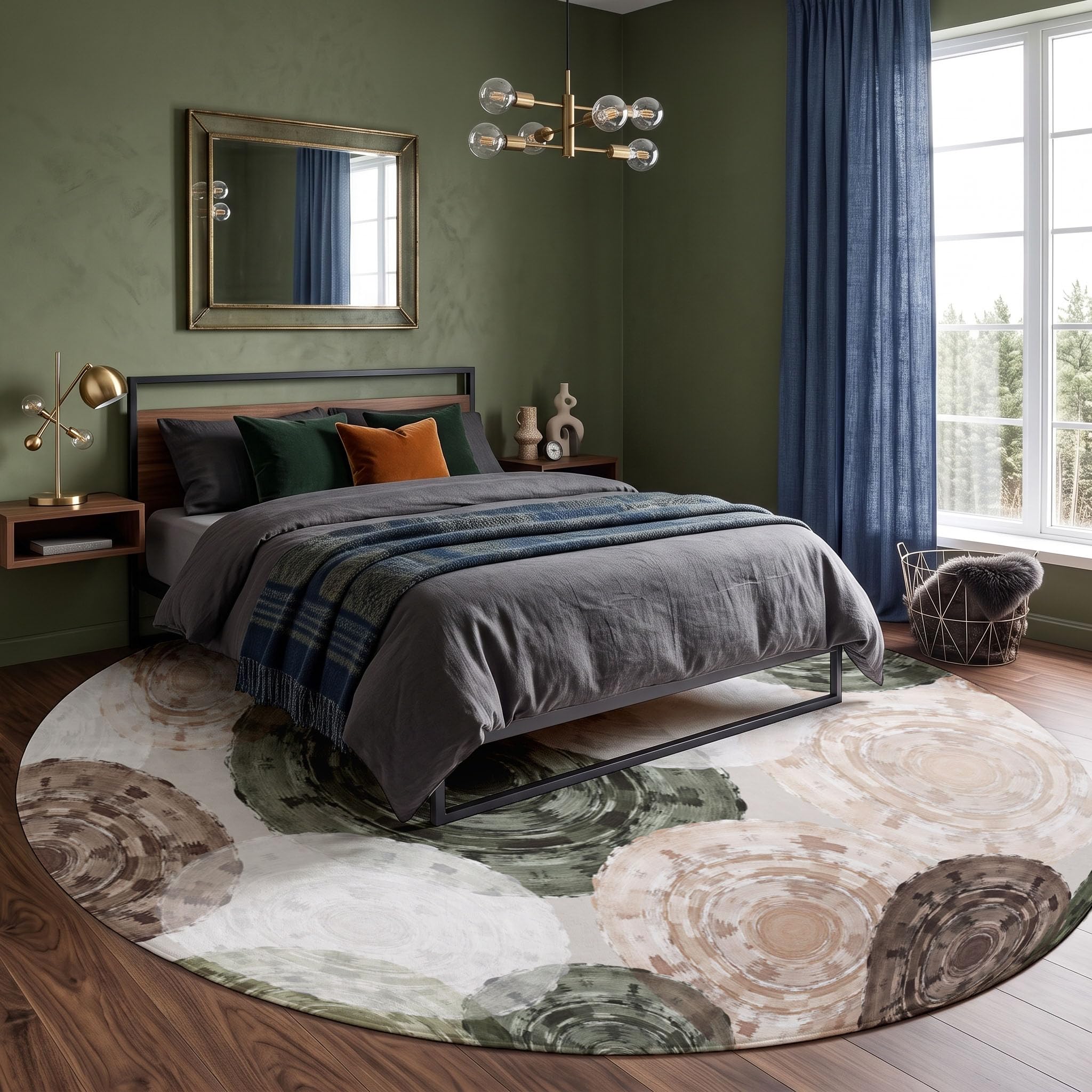 Tapis Texture des Anneaux d'arbre Rond 100cm | Art Abstrait Nordique Antidérapants Salon Lavables Tapis Ronds à Poils Courts Ronds Doux Vert Olive pour Chambre à Coucher