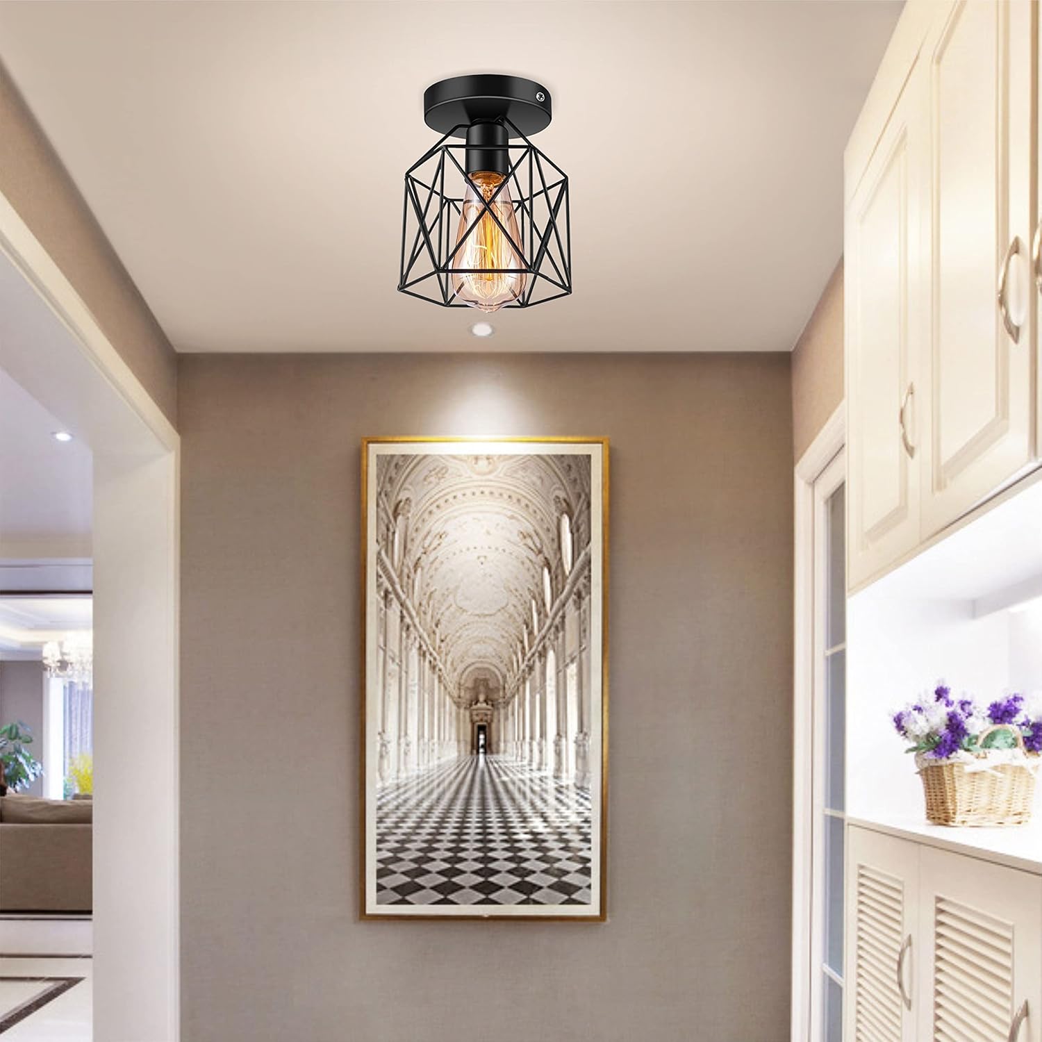 KCO Lighting Black Cage Light Fixtures Semi Flush Mount Ceiling Light Fixture Farmhouse Industrial Metal Pendant Light for Kitchen Bedroom Hallway (2-Pack)
