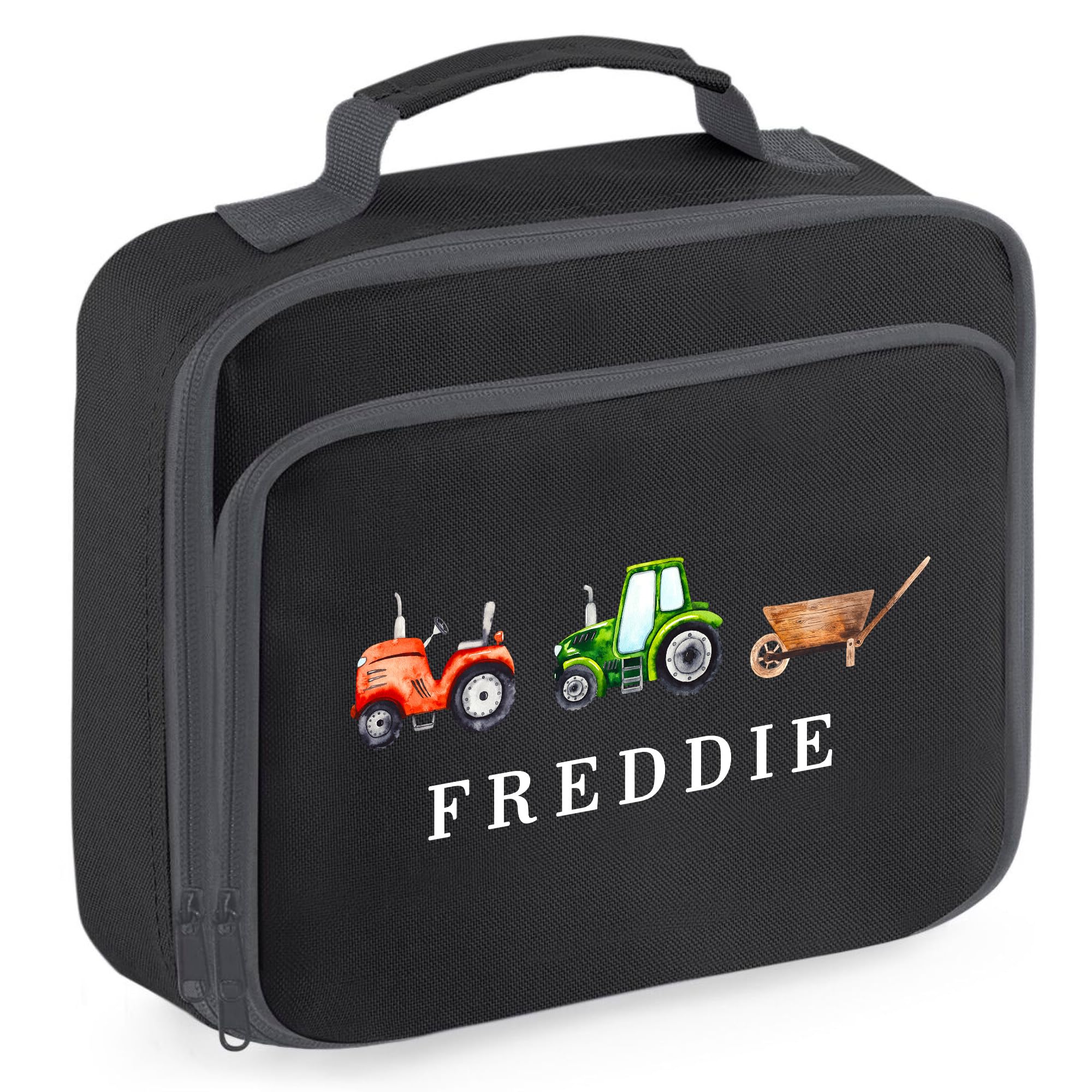 Personalised Boys Tractor Lunch Box Farmers Design School Nursery Kids Toddler Childrens Back to School Nursery Gift, 24cm x 20cm x 8cm, Black