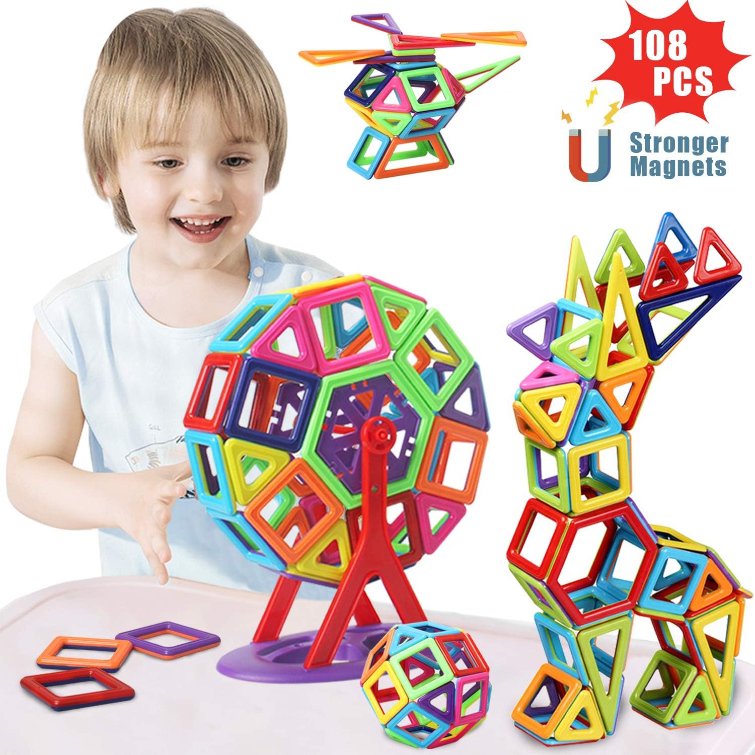 ACTRINIC 108 PCS Magnetic Building Blocks Set for Kids 3+, Magnetic Construction Block Kits Rainbow Magnetic Tiles STEM Educational Games for Boys Girls Gift for 3 4 5 6 7 8 Years Old-Stronger