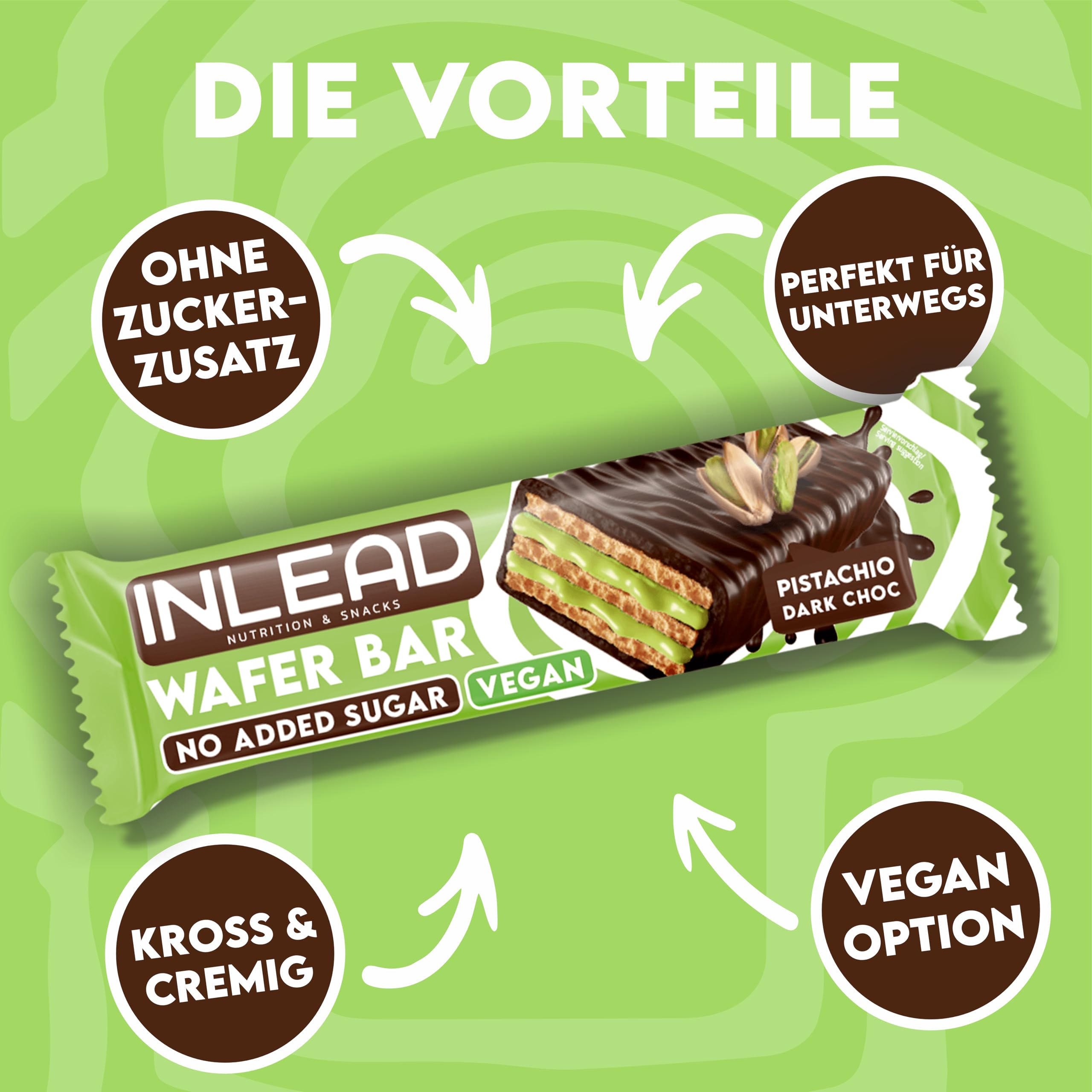 INLEAD - Wafer Bar | Knuspriger Waffelriegel mit zarter Milchschokolade | Ohne zugesetzten Zucker & Unvergleichlich Lecker - 15 x 45g (Pistachio - Pistazie)