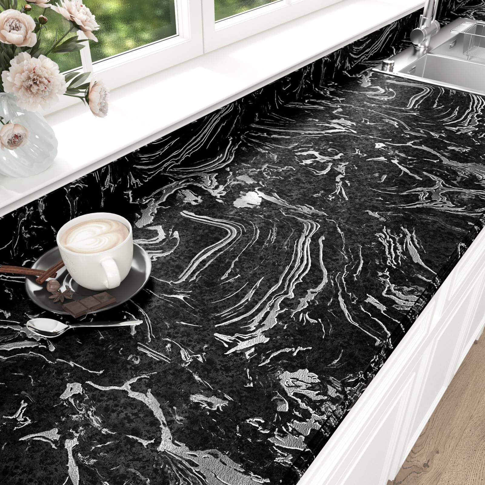 Vinilo extraíble de mármol negro autoadhesivo para muebles y encimeras