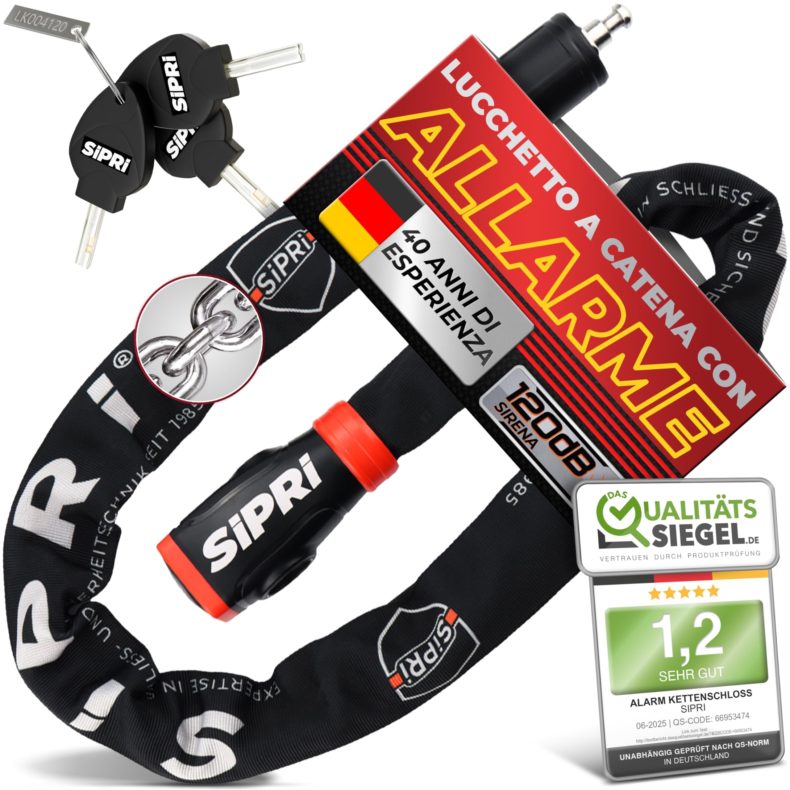 SIPRI Lucchetto per bicicletta con allarme, 120 dB, serratura a catena per bicicletta elettrica, scooter elettrico e moto, in acciaio da 8 mm, resistente alle intemperie, robusto e durevole, con
