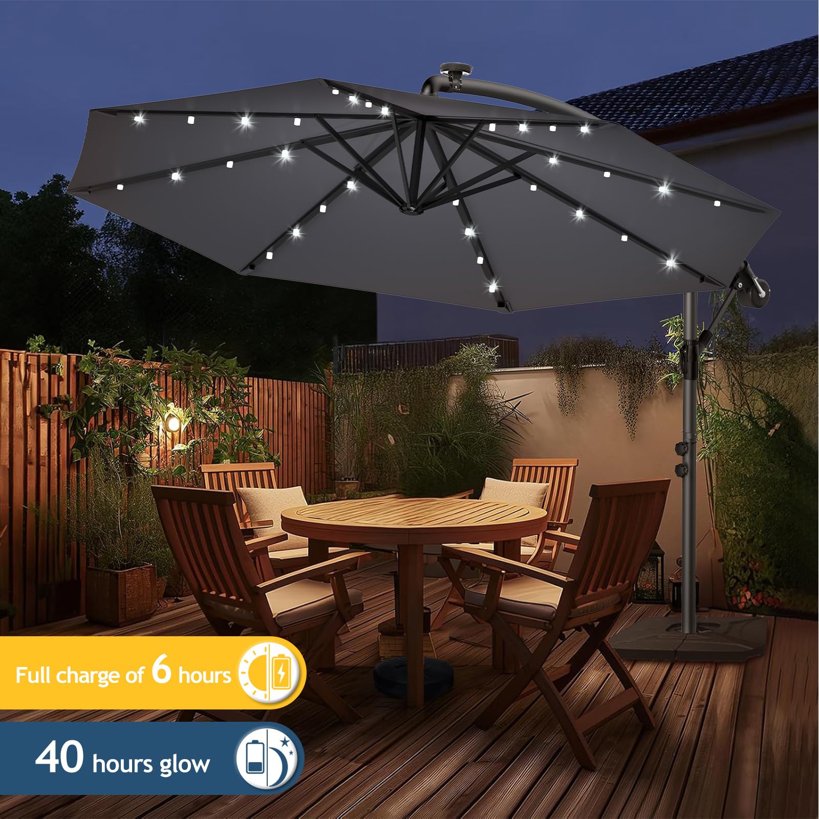 Ampelschirm 300-350cm – 360° drehbarer Kurbelschirm mit UV40+ & wasserabweisend, wahlweise mit oder ohne Solar-LED, inklusive Kreuzbasis für Garten & Terrasse