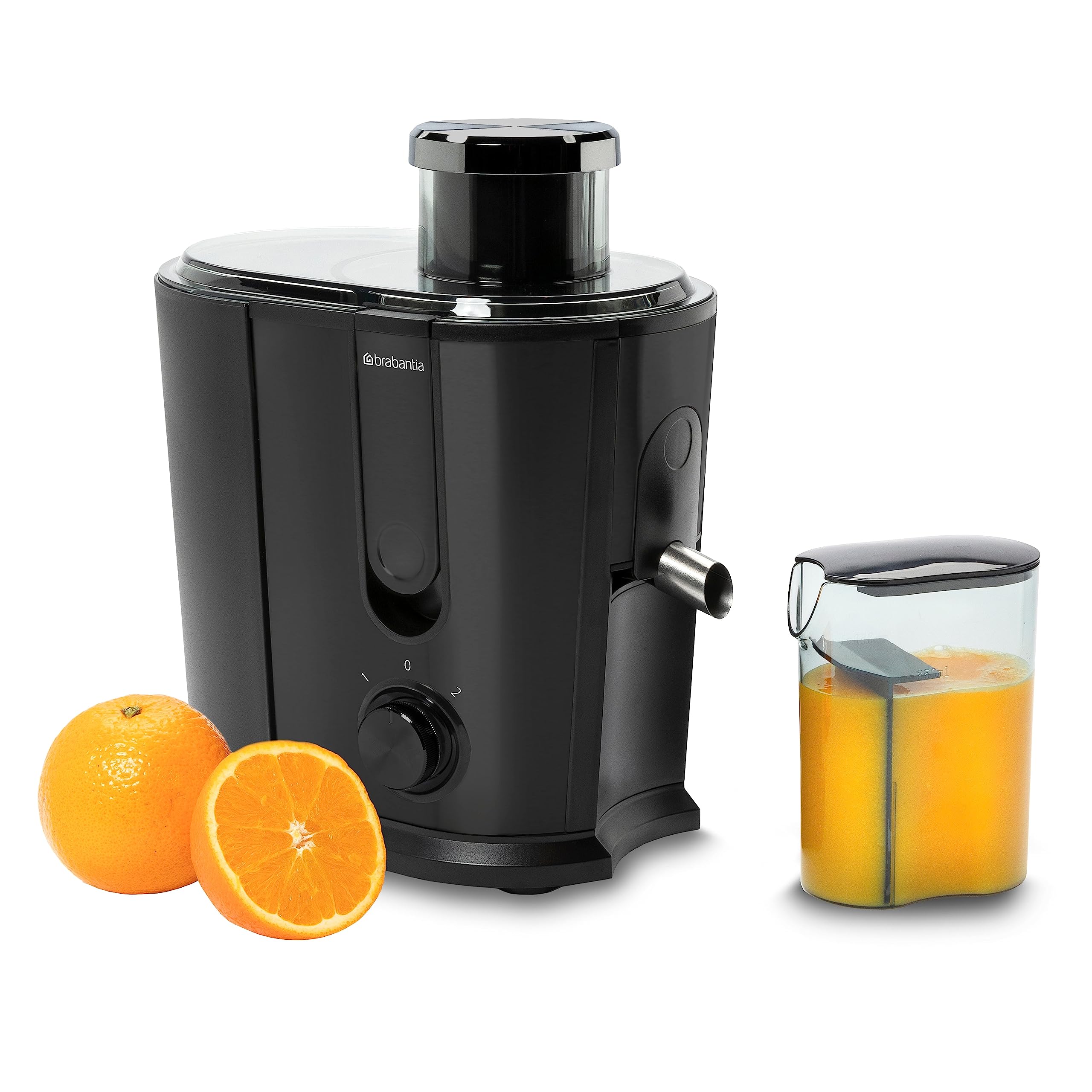 Extractora de Zumo Brabantia, 500 Vatios, Recipiente de Pulpa 1 L | Jarra de Zumo 0,35 L, 2 Velocidades, Licuadora Potente, Eléctrica, Verduras y Frutas, Acero Inox, Negro, BBEK1123BK