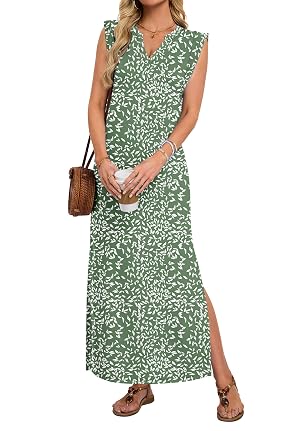 AUSELILY Womens V Neck Maxi Dresses Straight-Cut Wrinkle-Free Summer Split Sleeveless Vacation Dress with Pockets 2026