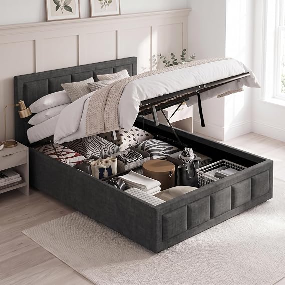 Blisswood Ottoman Bed Frame, 4ft Small Double Upholstered Ottoman Bed, UKFR Linen Fabric Ottoman Storage Bed With Gas Lift End Opening Wooden Slats With Storage Bed (4ft Small Double, 130 x 204 cm)