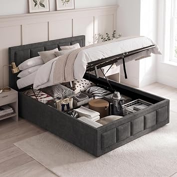 Blisswood Ottoman Bed Frame, 4ft Small Double Upholstered Ottoman Bed, UKFR Linen Fabric Ottoman Storage Bed With Gas Lift End Opening Wooden Slats With Storage Bed (4ft Small Double, 130 x 204 cm)