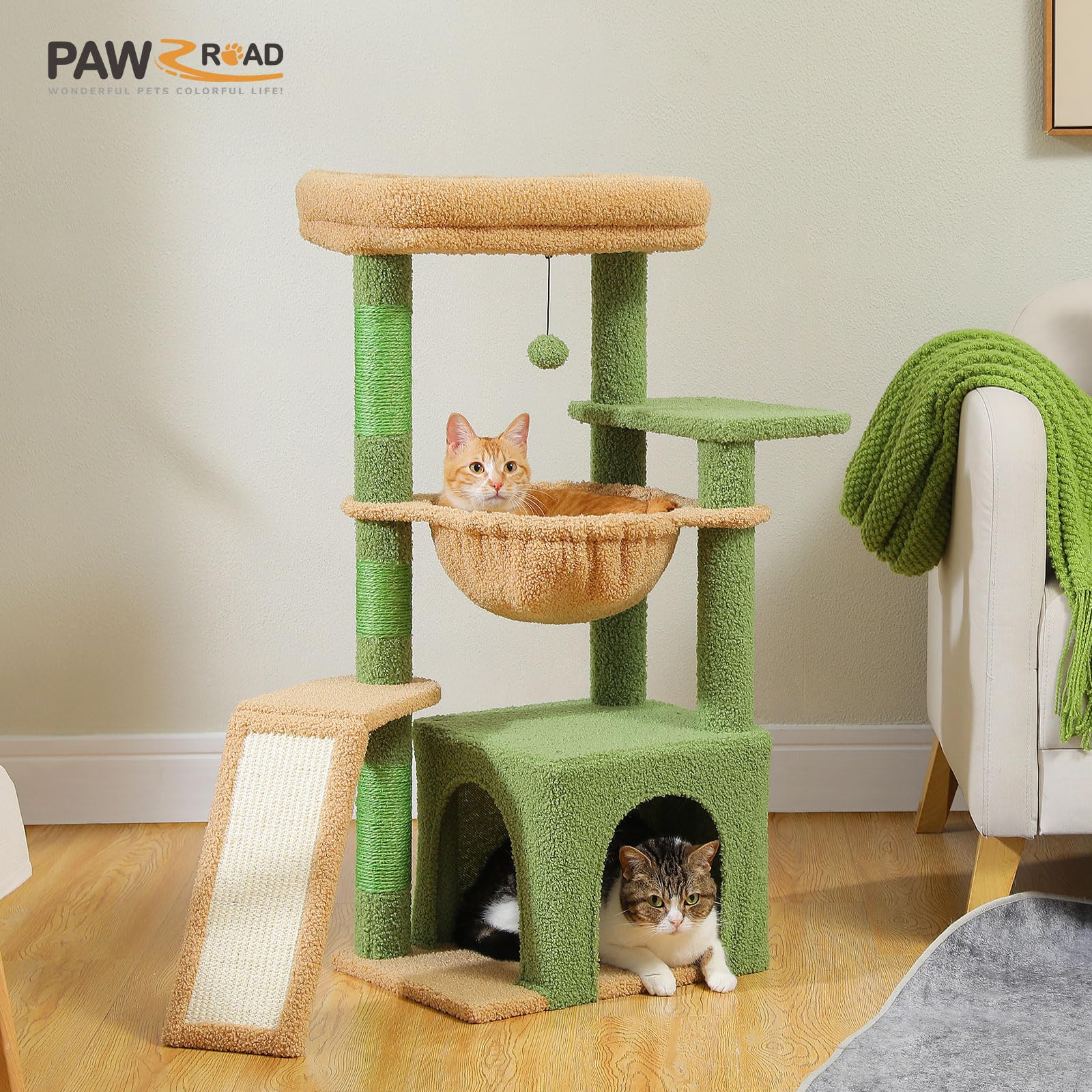 PAWZ Road, Struttura ad albero per gatti, da interni, con spaziosa cuccia, 1 piano in sisal, 3 pali tiragraffi, grande amaca e trespolo, 90 cm, verde