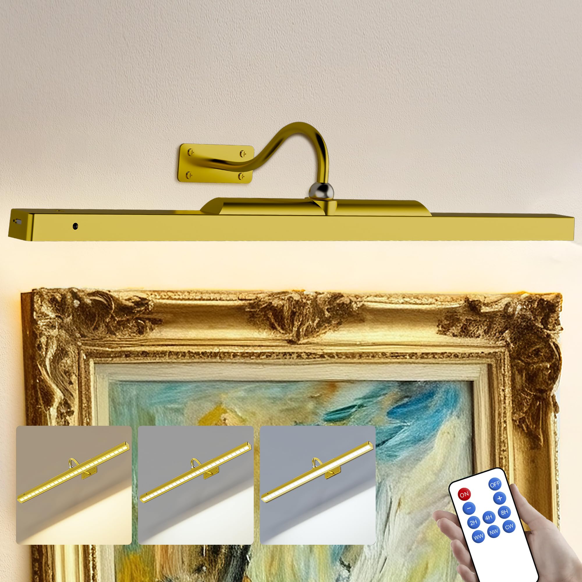 Craftersmark 24 Inch Battery Powered Picture Light 6000mAh - Gold Wireless Wall Sconce with Remote & Timer for Photos, Paintings, Art & Home Gallery — image 1