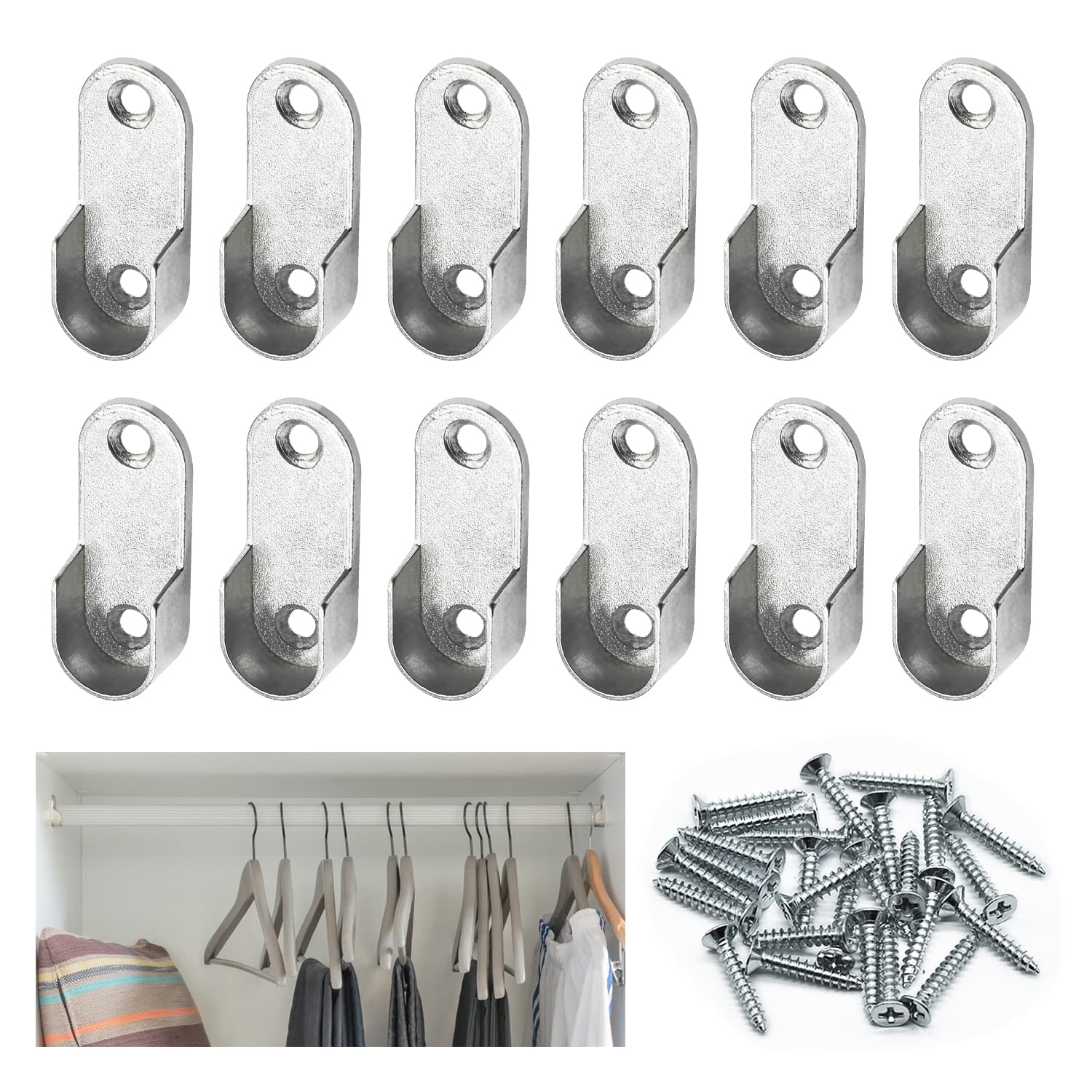 JJWNMLL 12Pcs Zinc Alloy Oval Wardrobe Hanging Rail Rod End Flange Hanging Rail Pipe Bracket Bracket Support end for 16mm Diameter Rod with 24 Screws