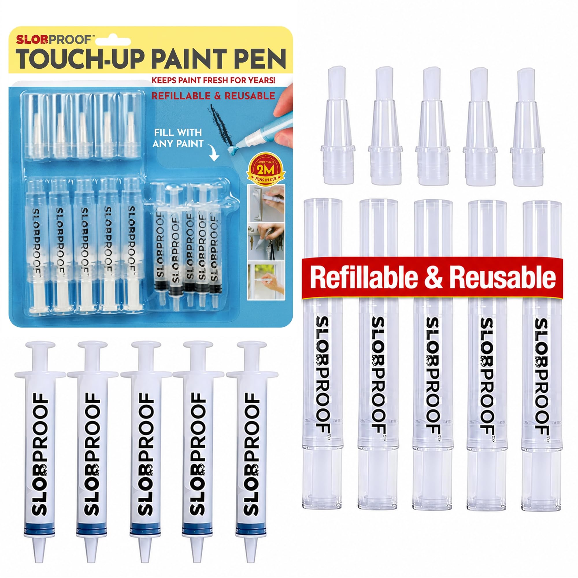 Slobproof Refillable Touch-Up Paint Pen, Pack of 5 - Precision Brush Tip