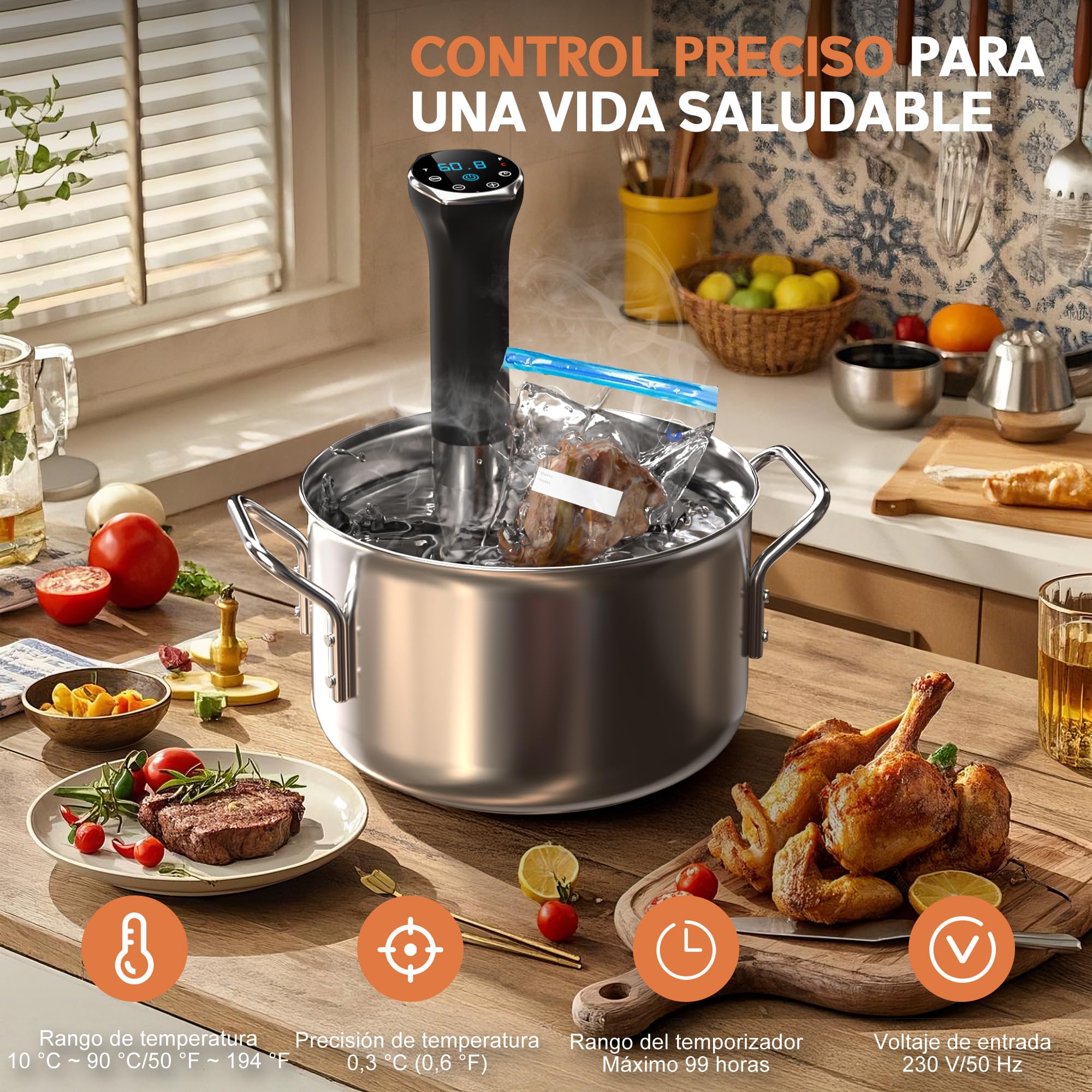 Karinear Sous Vide Garer Stick | Control mediante aplicación | WIF (2,4 G) | 1400 W Sous-Vide Stick | 10-90 °C, temporizador de 1-99 min | Circulación de 360° | Suvide Garer stick