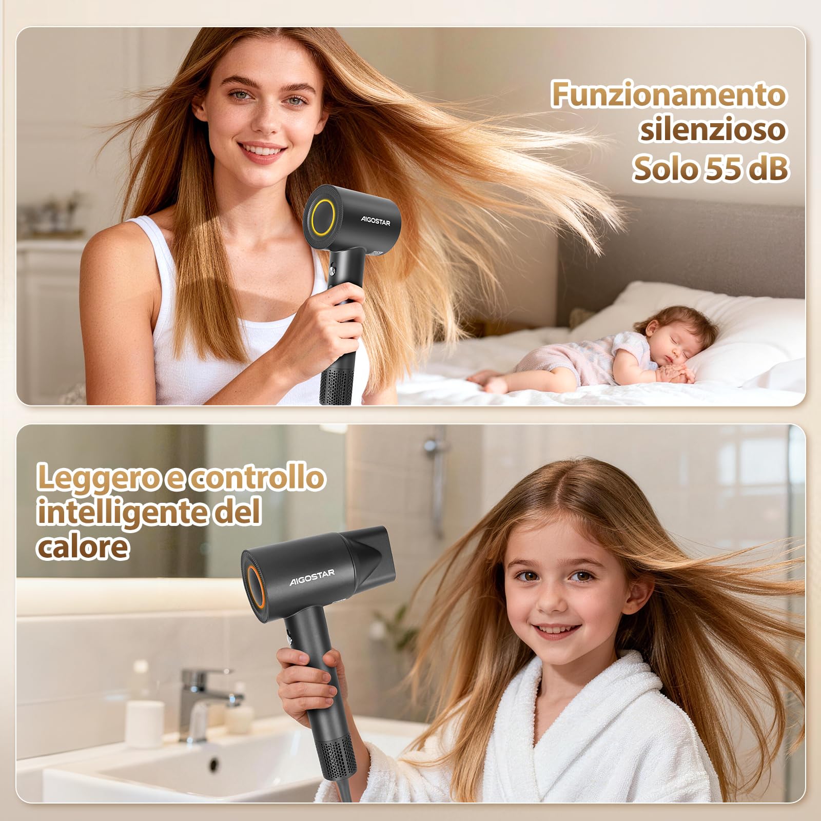 Aigostar Phon Capelli Professionale 1600W, Ioni Negativi - Asciugacapelli Leggero 450g con Motore Brushless 110.000 RPM, 55 dB Silenzioso, Accessori Magnetici con Diffusore - Per Casa e Salone