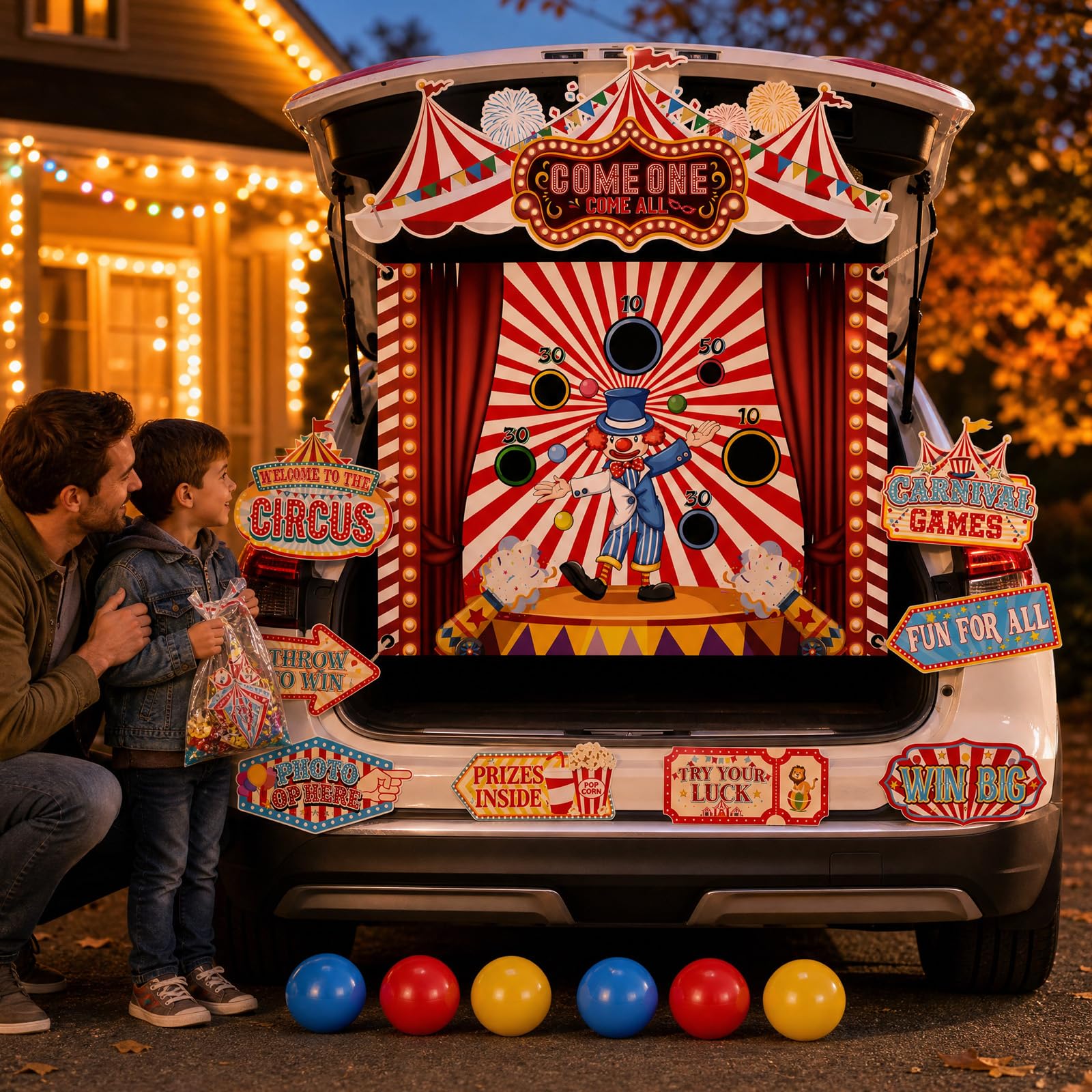 Kit di decorazioni per auto, per baule o dolcetti di carnevale, circo, tronco o dolcetto, decorazione con striscione per sfondo, carnevale, Halloween, arco, garage, porta, auto, decorazione