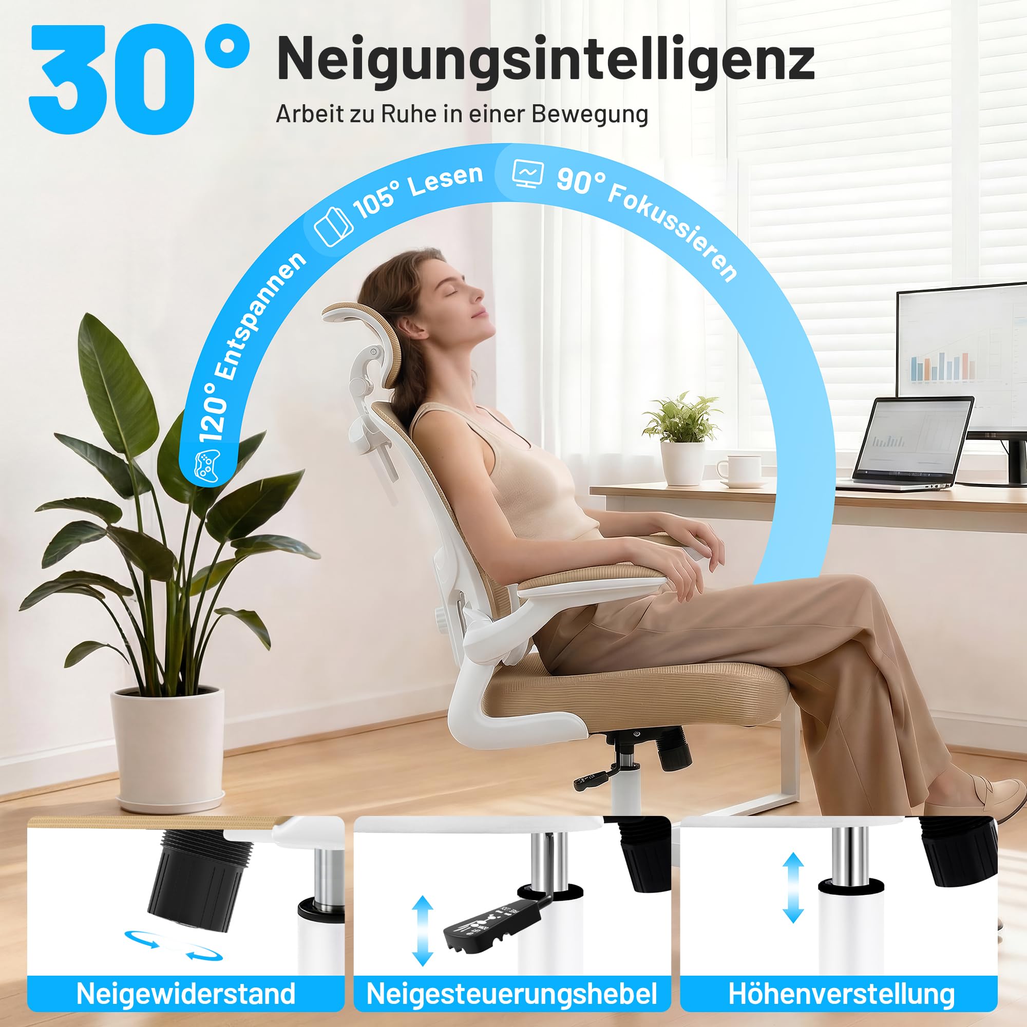 Ergonomischer Bürostuhl mit Kopf- & Lendenstütze, Khaki | belastbar bis 150 kg , Atmungsaktive Netzbespannung, höhenverstellbarer Drehstuhl mit Rollen, für Büro & Homeoffice